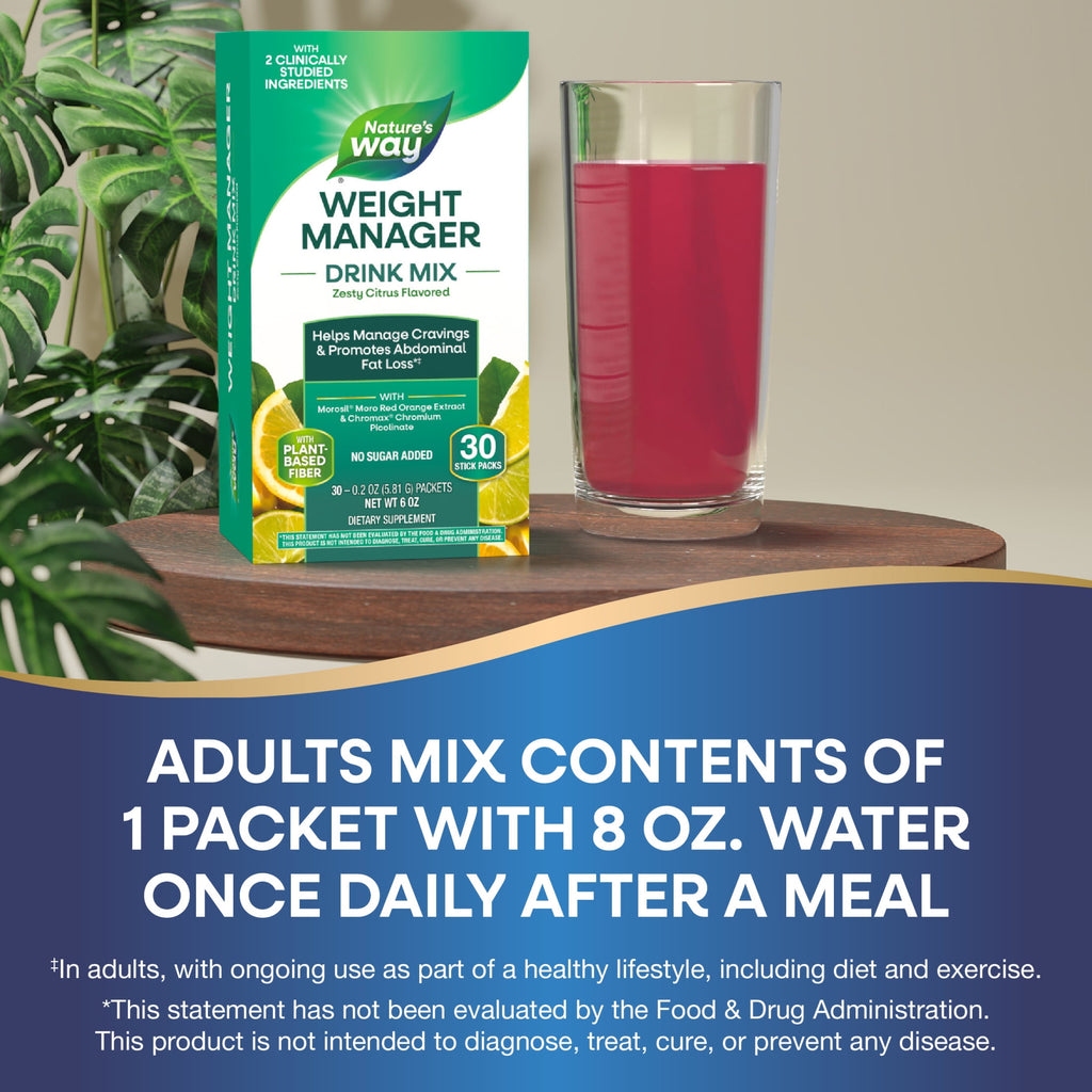 Nature's Way Weight Manager Drink Mix Packs, Plant-Based Fiber, Zesty Citrus Flavored, Unisex, 30ct