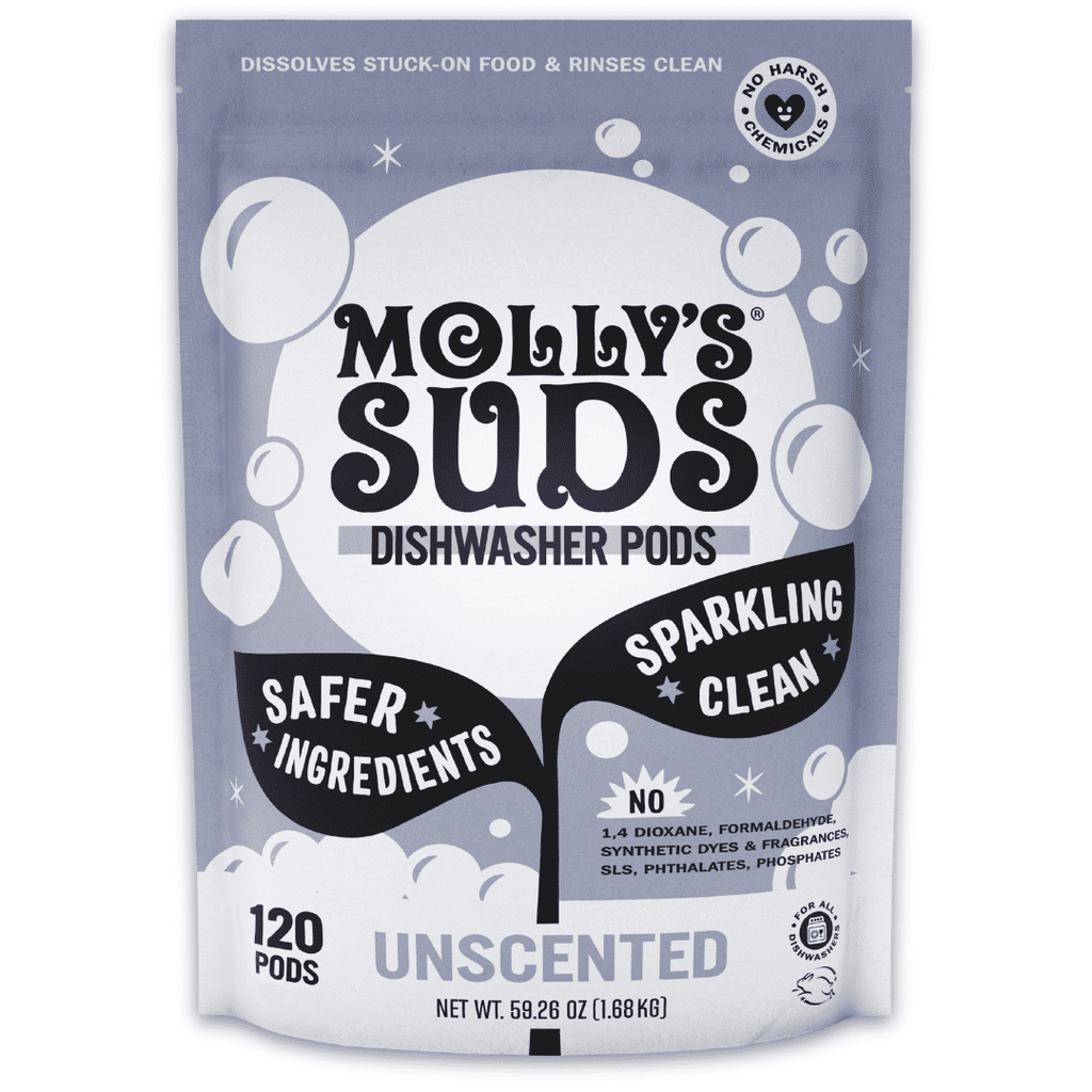 Molly's Suds Natural Dishwasher Pods | Cuts Grease, Rinses Clean | 120 Auto-Release Tabs (Unscented)