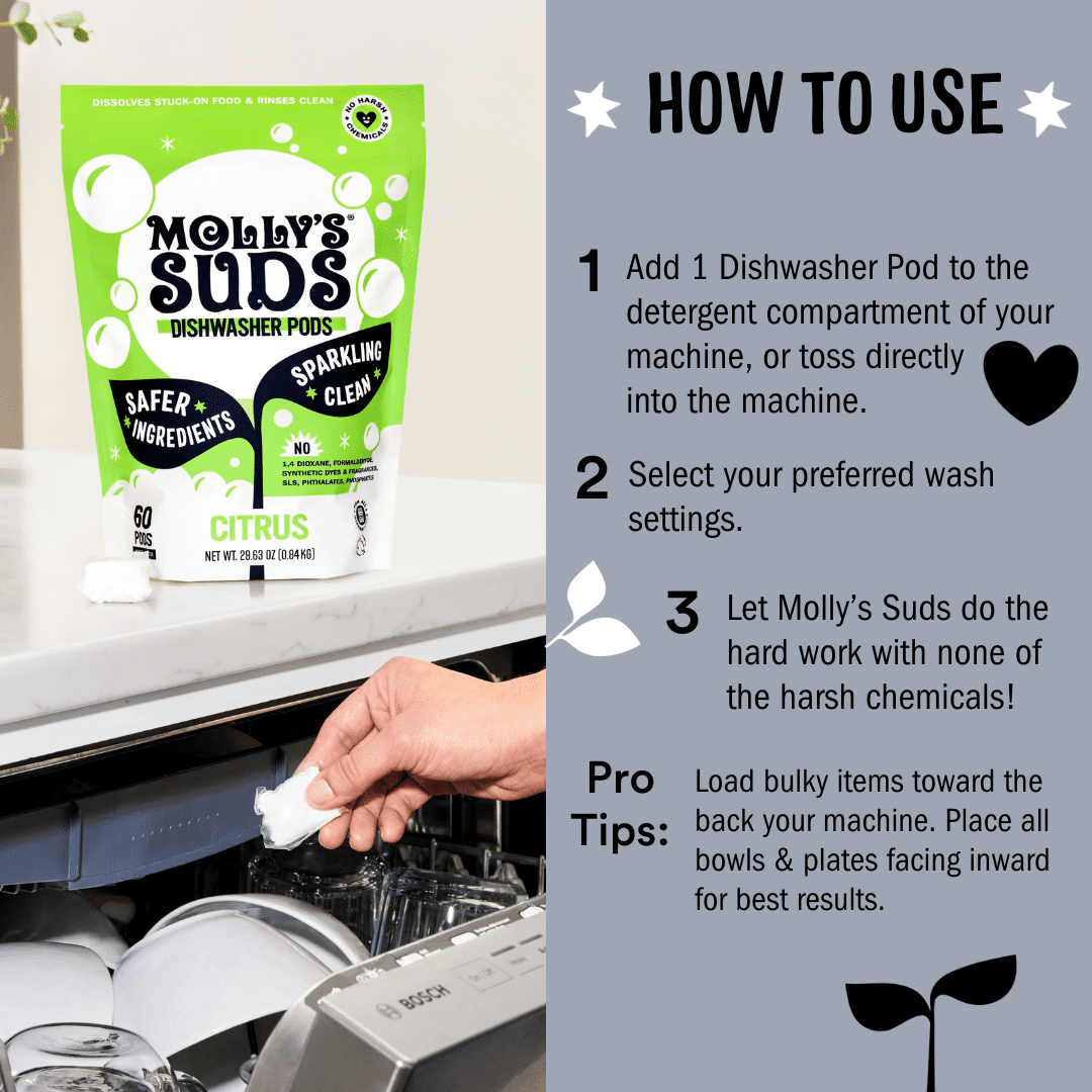 Molly's Suds Natural Dishwasher Pods | Cuts Grease, Rinses Clean | 120 Auto-Release Tabs (Unscented)