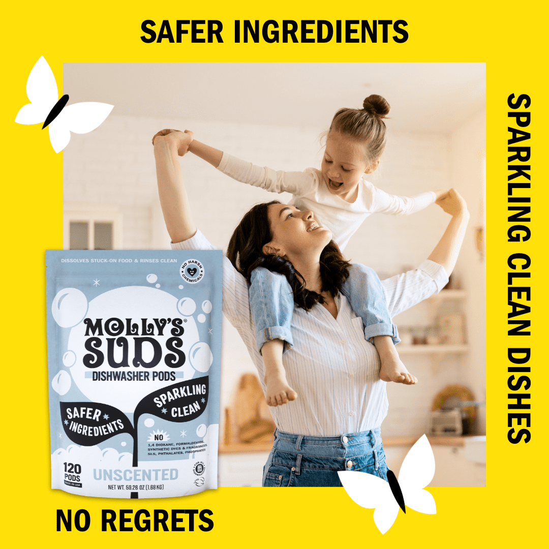 Molly's Suds Natural Dishwasher Pods | Cuts Grease, Rinses Clean | 120 Auto-Release Tabs (Unscented)
