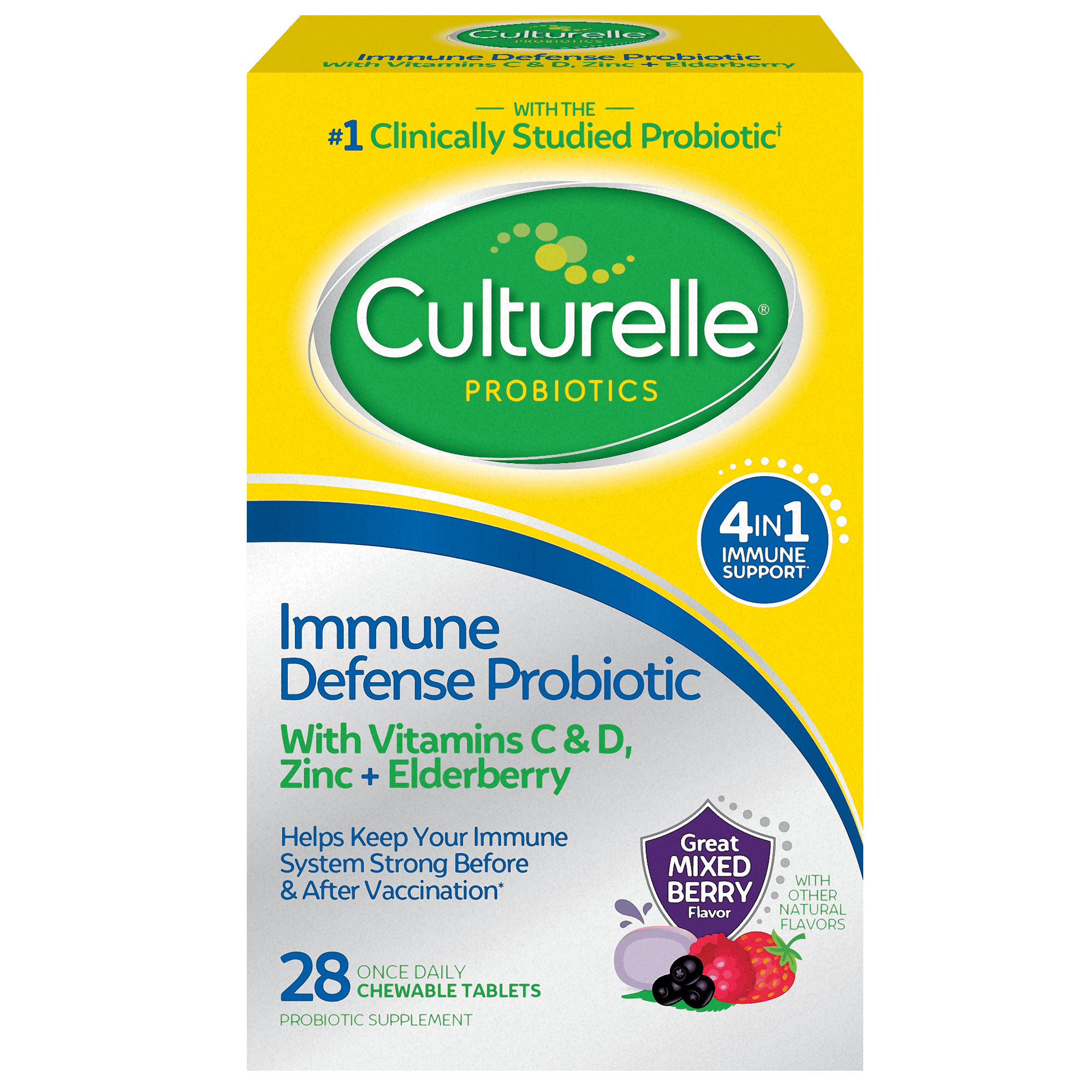 Culturelle Probiotics Immune Defense Daily Chewables Supplement, 4-in-1 Immune Support for Adults, Mixed Berry Flavor, 28 Count