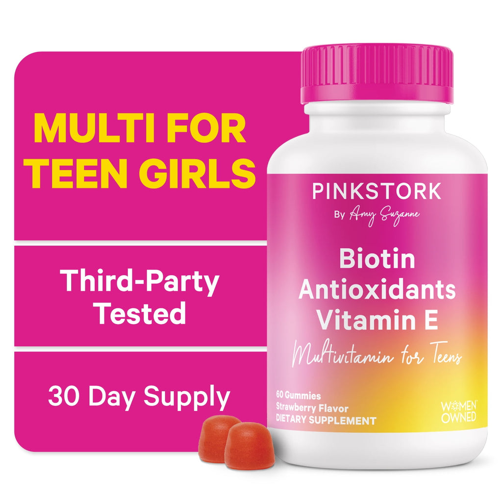 Pink Stork Biotin, Antioxidants, Vitamin E Multivitamin for Teens 60 Gummies - Beautiful Hair, Radiant Skin, Strong Nails, + Immune Support