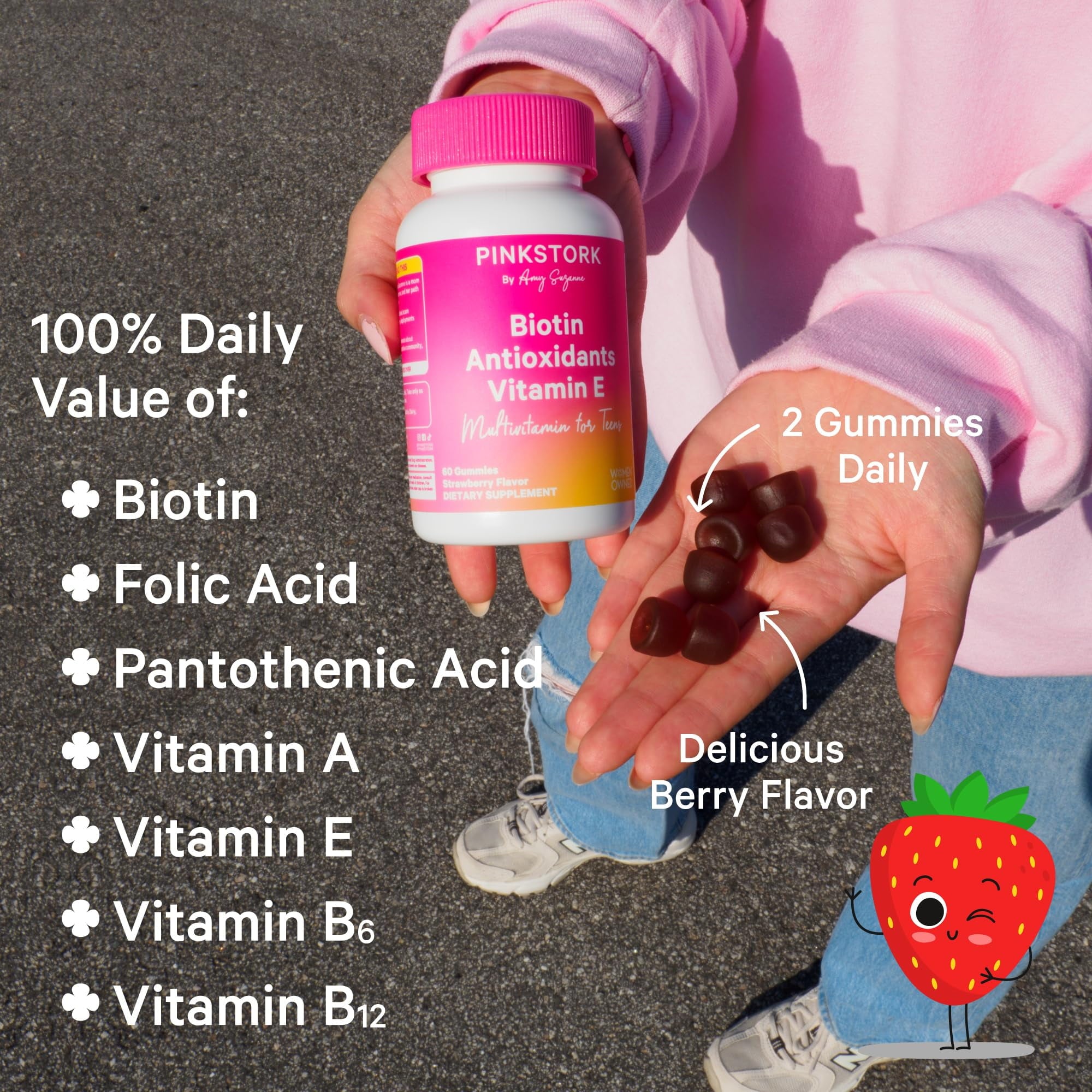 Pink Stork Biotin, Antioxidants, Vitamin E Multivitamin for Teens 60 Gummies - Beautiful Hair, Radiant Skin, Strong Nails, + Immune Support