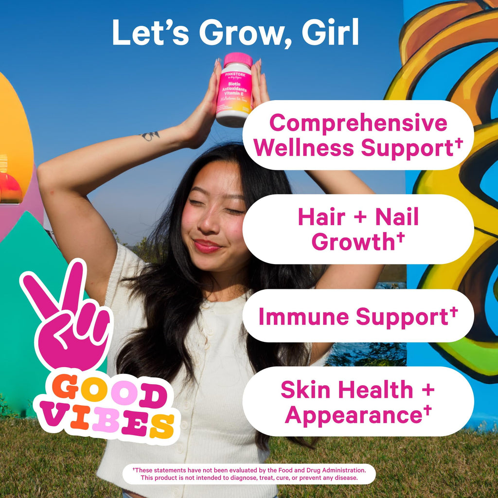 Pink Stork Biotin, Antioxidants, Vitamin E Multivitamin for Teens 60 Gummies - Beautiful Hair, Radiant Skin, Strong Nails, + Immune Support