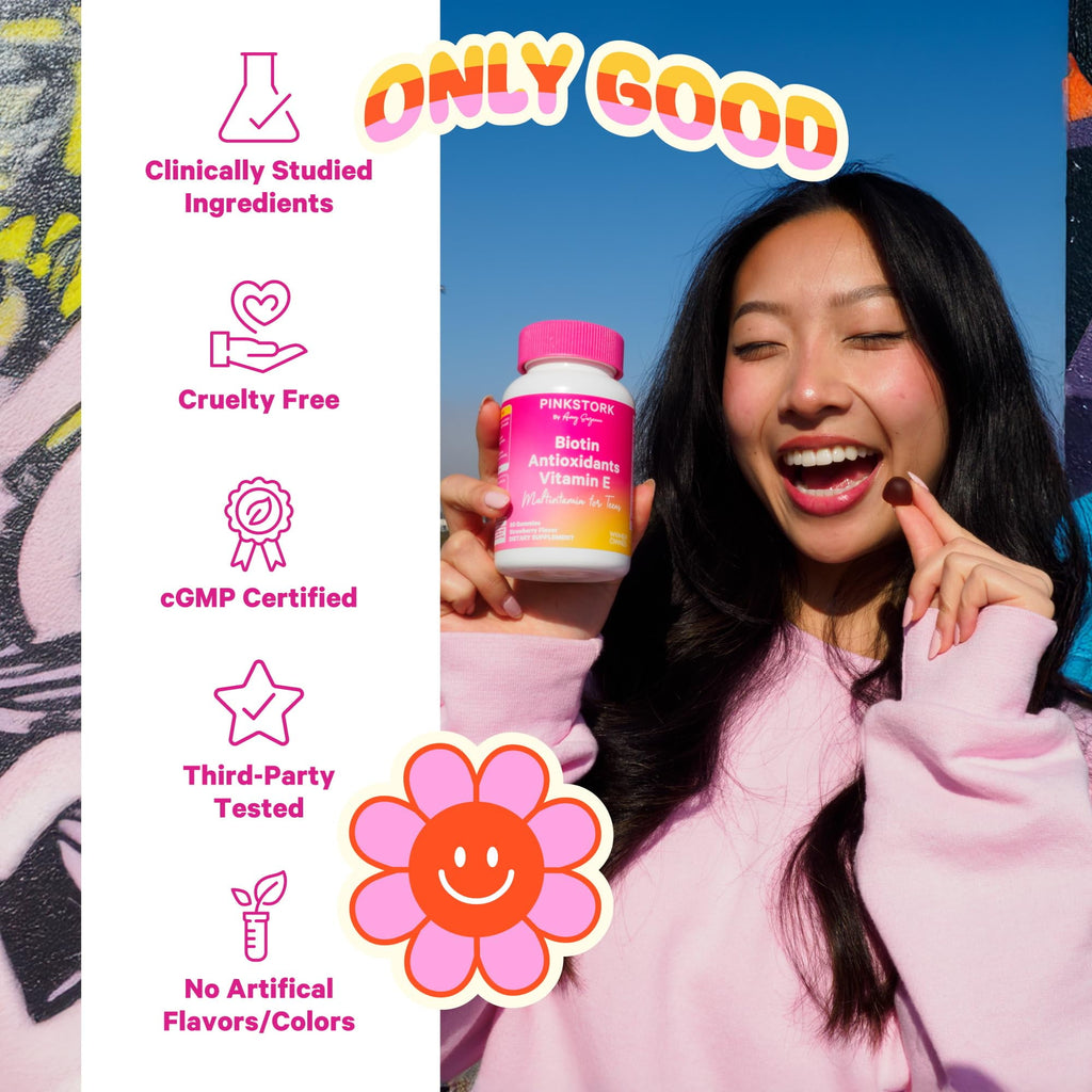 Pink Stork Biotin, Antioxidants, Vitamin E Multivitamin for Teens 60 Gummies - Beautiful Hair, Radiant Skin, Strong Nails, + Immune Support
