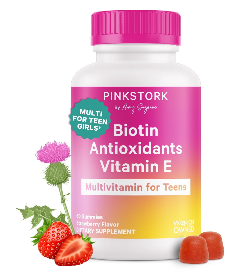Pink Stork Biotin, Antioxidants, Vitamin E Multivitamin for Teens 60 Gummies - Beautiful Hair, Radiant Skin, Strong Nails, + Immune Support