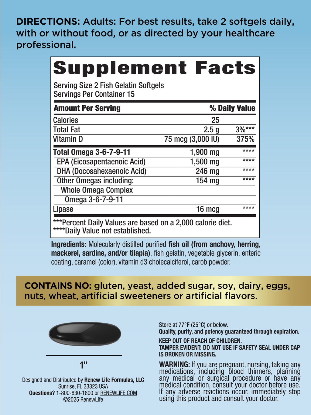Norwegian Gold Super Critical Omega Softgels | 2,400 mg Fish Oil | 1,000 mg Omega-3,6,7,9,11 | 30 Count | by Renew Life