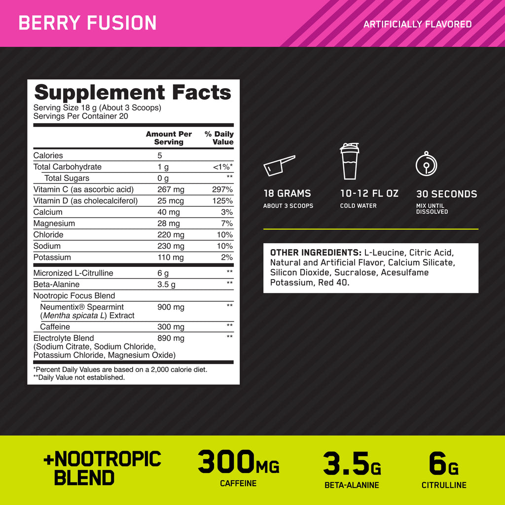 Optimum Nutrition, Pre-Workout Amped Powder, Berry Fusion, High Stim, Sugar-Free, Caffeine, 20 Servings
