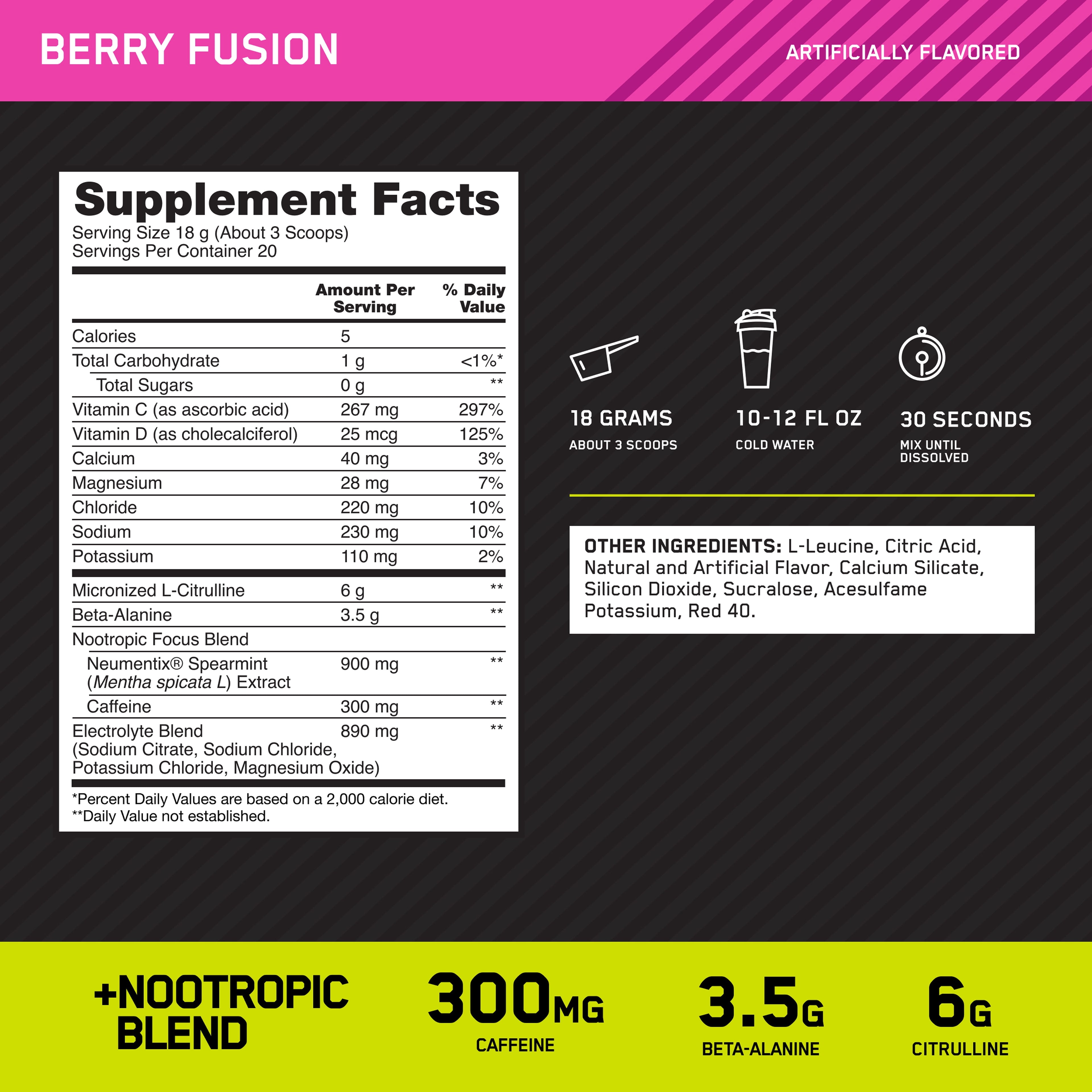 Optimum Nutrition, Pre-Workout Amped Powder, Berry Fusion, High Stim, Sugar-Free, Caffeine, 20 Servings