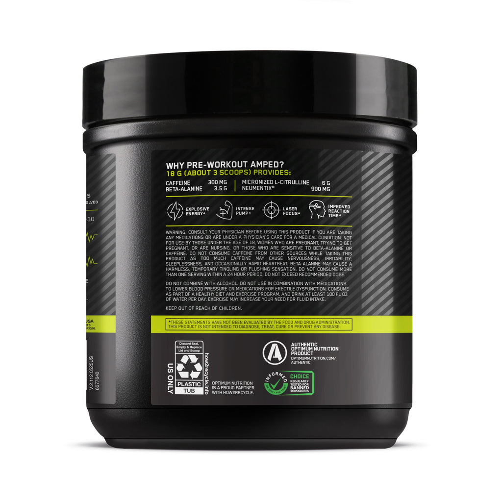 Optimum Nutrition, Pre-Workout Amped Powder, Berry Fusion, High Stim, Sugar-Free, Caffeine, 20 Servings