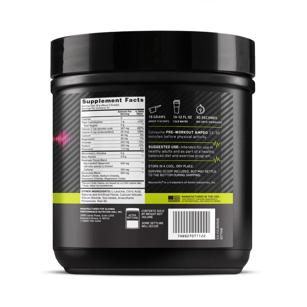 Optimum Nutrition, Pre-Workout Amped Powder, Berry Fusion, High Stim, Sugar-Free, Caffeine, 20 Servings