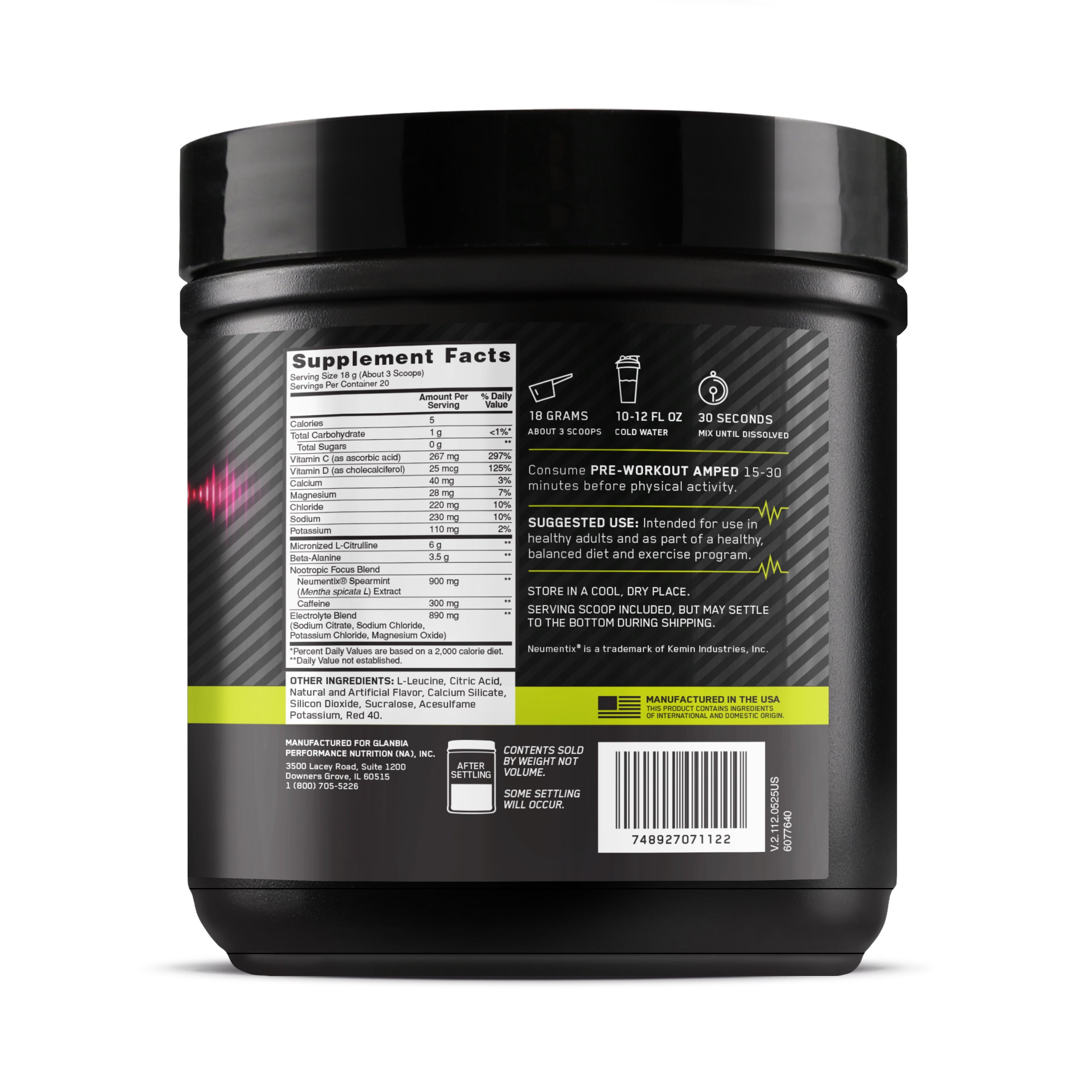 Optimum Nutrition, Pre-Workout Amped Powder, Berry Fusion, High Stim, Sugar-Free, Caffeine, 20 Servings