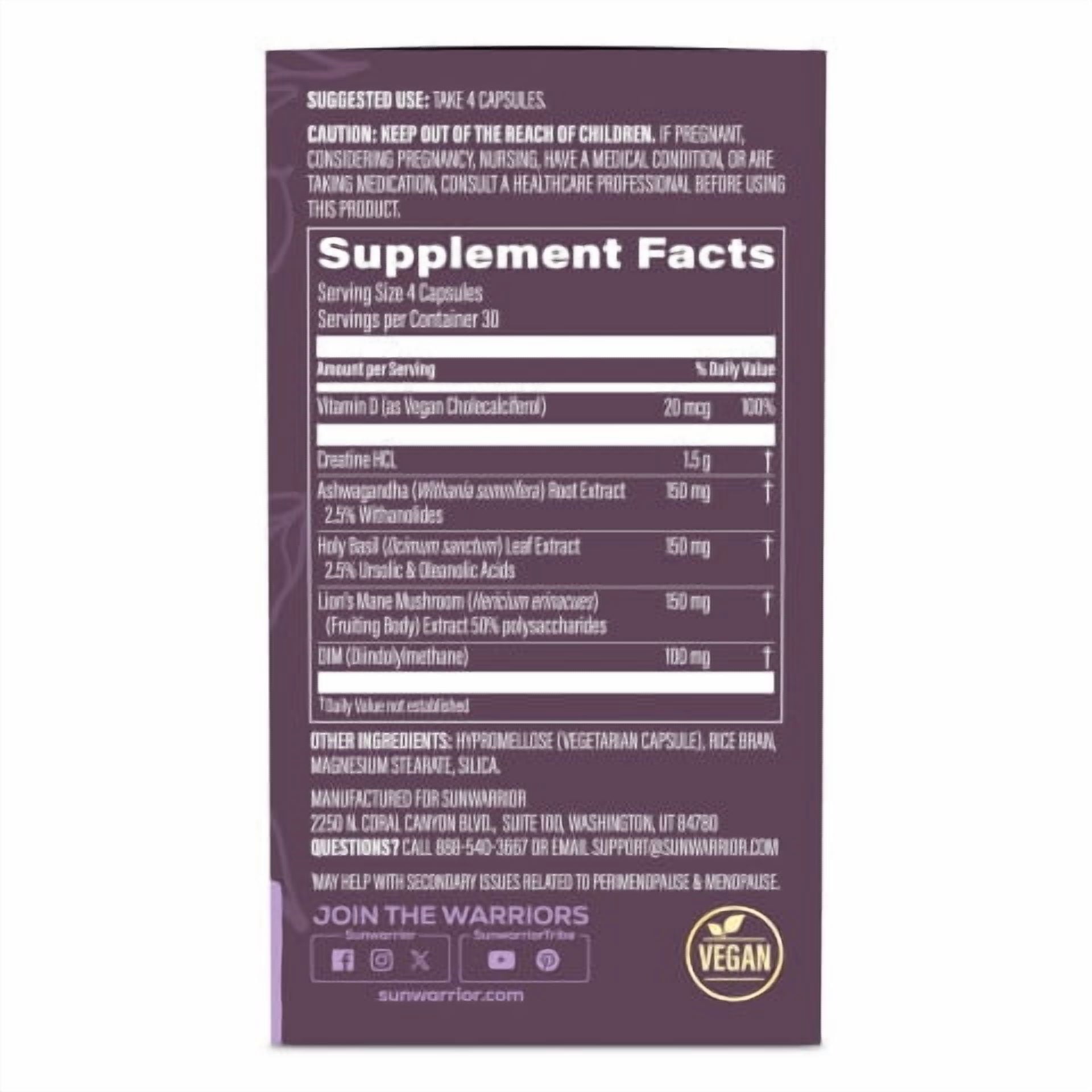 Sunwarrior Active for Her Creatine HCL Capsules for Women 40+, Strength &amp; Energy Support, 120 Count