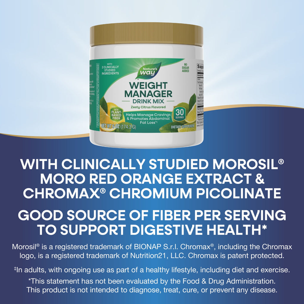 Nature's Way Weight Manager Drink Mix, Plant-Based Fiber, Zesty Citrus Flavored, Unisex, 6 oz.