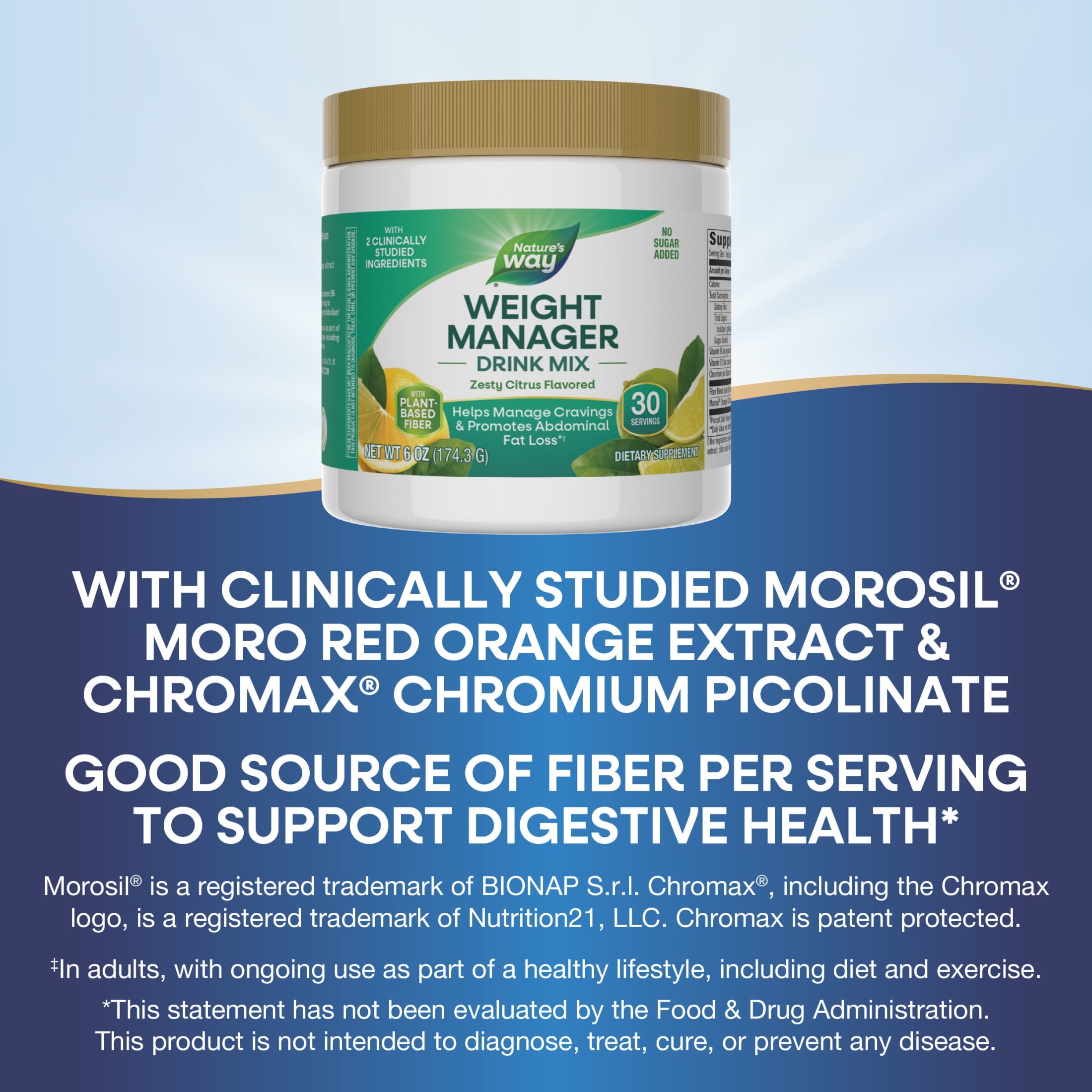 Nature's Way Weight Manager Drink Mix, Plant-Based Fiber, Zesty Citrus Flavored, Unisex, 6 oz.