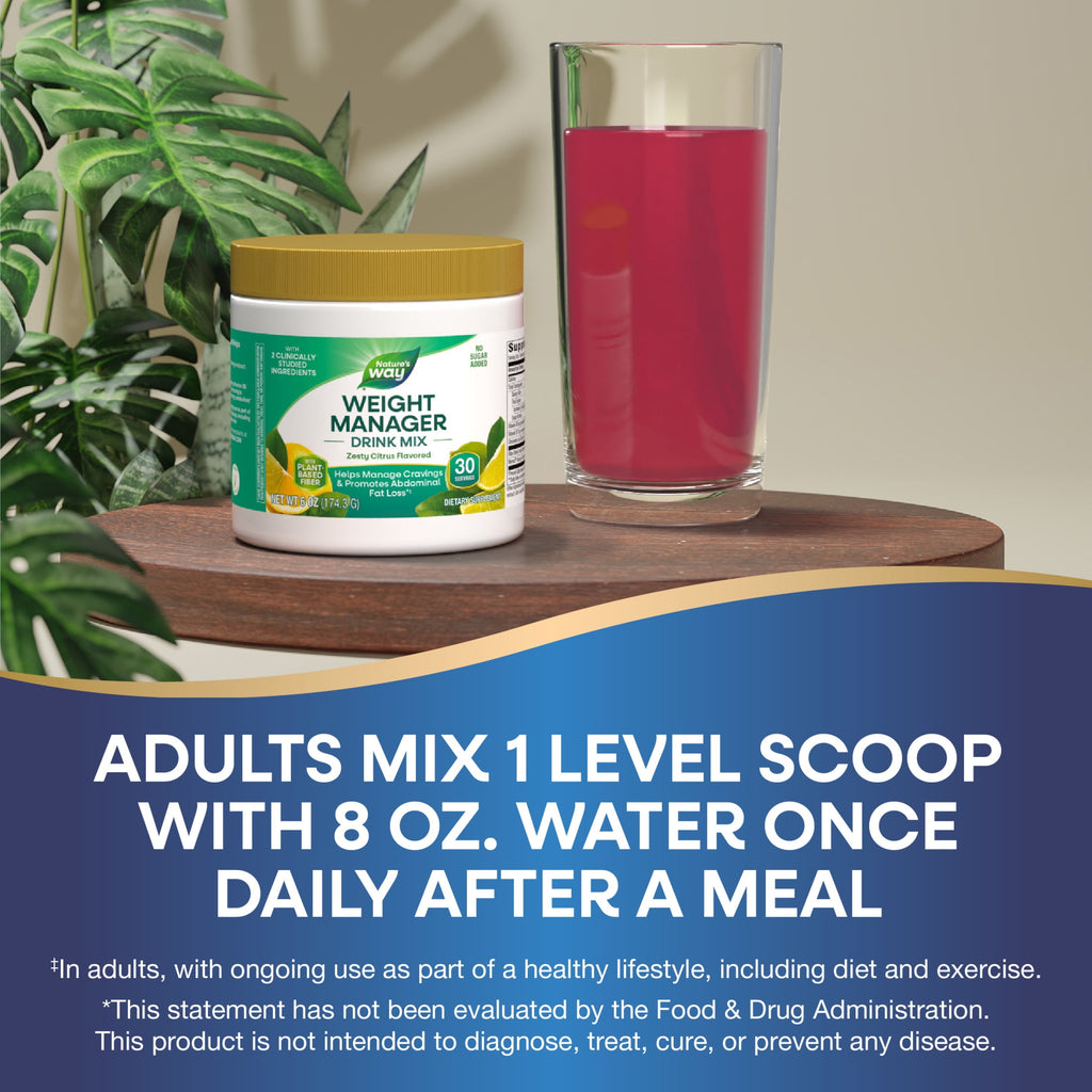 Nature's Way Weight Manager Drink Mix, Plant-Based Fiber, Zesty Citrus Flavored, Unisex, 6 oz.