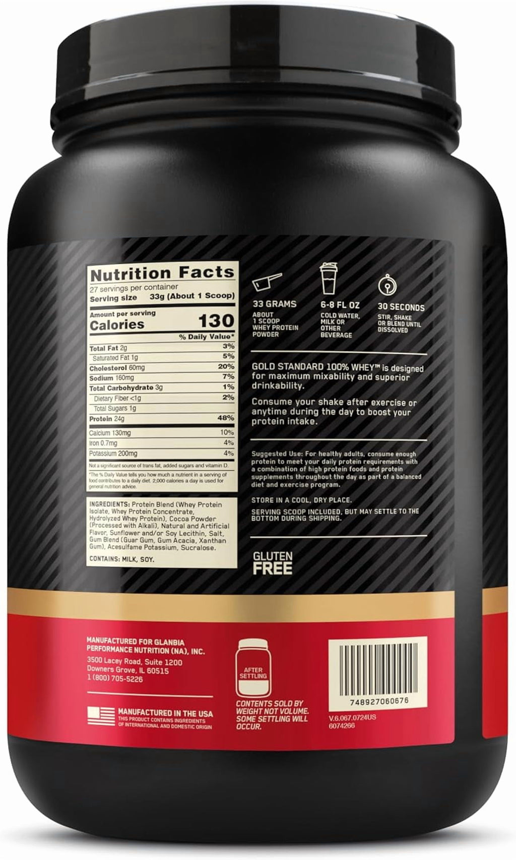 Optimum Nutrition, Gold Standard 100% Whey Protein Powder, 24 g Protein, Chocolate Hazelnut, 2 lb, 27 Servings