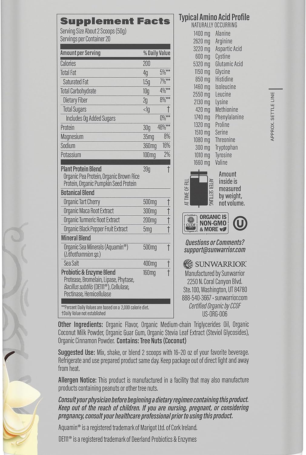 Sunwarrior Sport Organic Active Protein Vanilla Vegan Protein Powder 20 Servings
