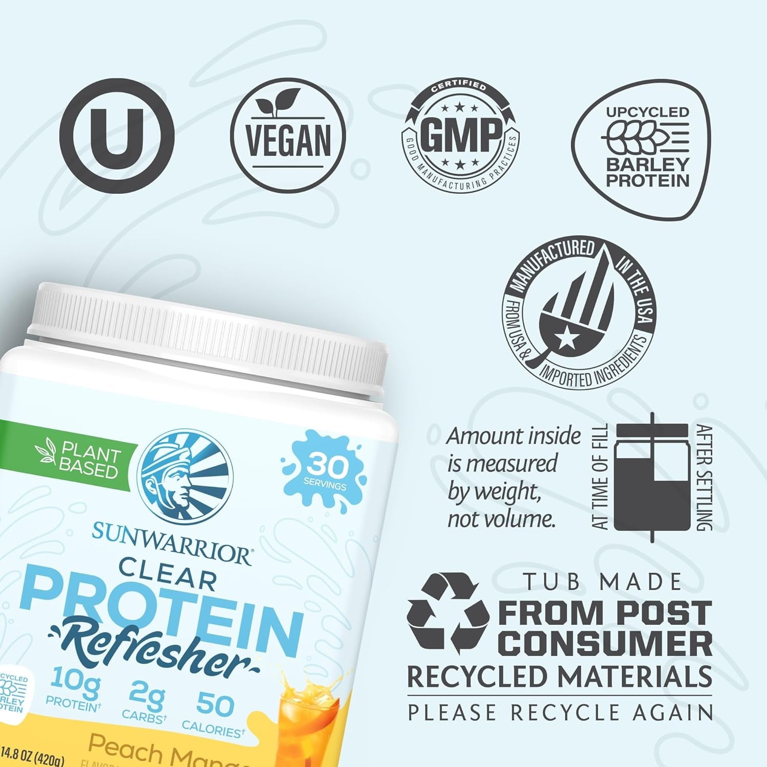 Sunwarrior Vegan Hydration Clear Protein Powder Water Mix, Peach Mango, 14.8 oz