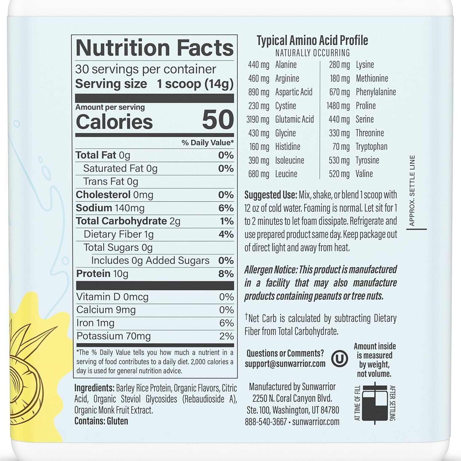 Sunwarrior Vegan Hydration Clear Protein Powder Water Mix, Peach Mango, 14.8 oz