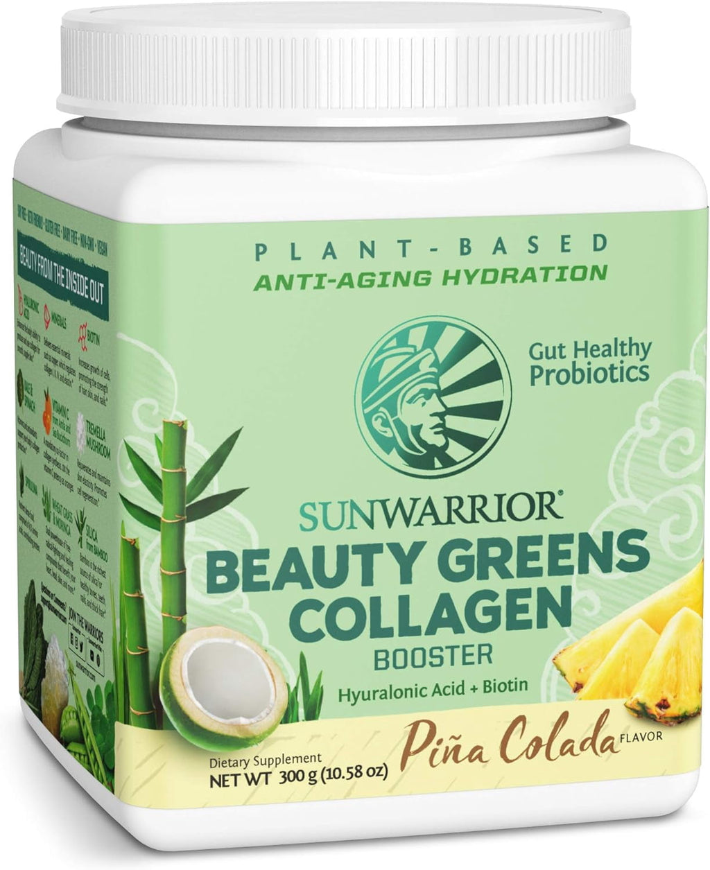 Sunwarrior Beauty Greens Collagen | Pina Colada Collagen Boost Powder with Hyaluronic Acid and Biotin, 300g