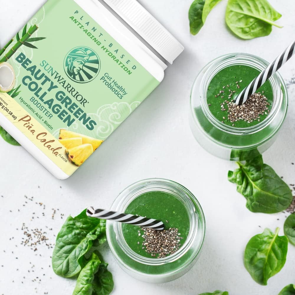 Sunwarrior Beauty Greens Collagen | Pina Colada Collagen Boost Powder with Hyaluronic Acid and Biotin, 300g