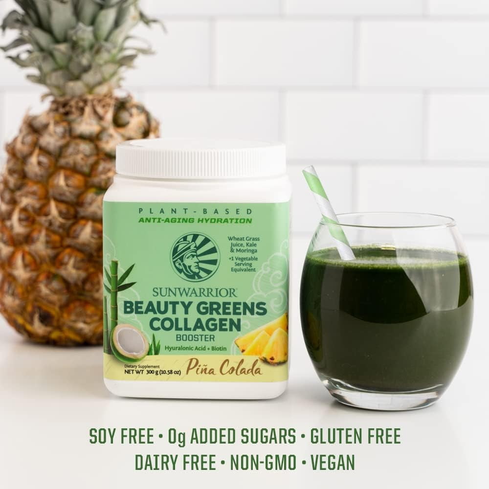 Sunwarrior Beauty Greens Collagen | Pina Colada Collagen Boost Powder with Hyaluronic Acid and Biotin, 300g