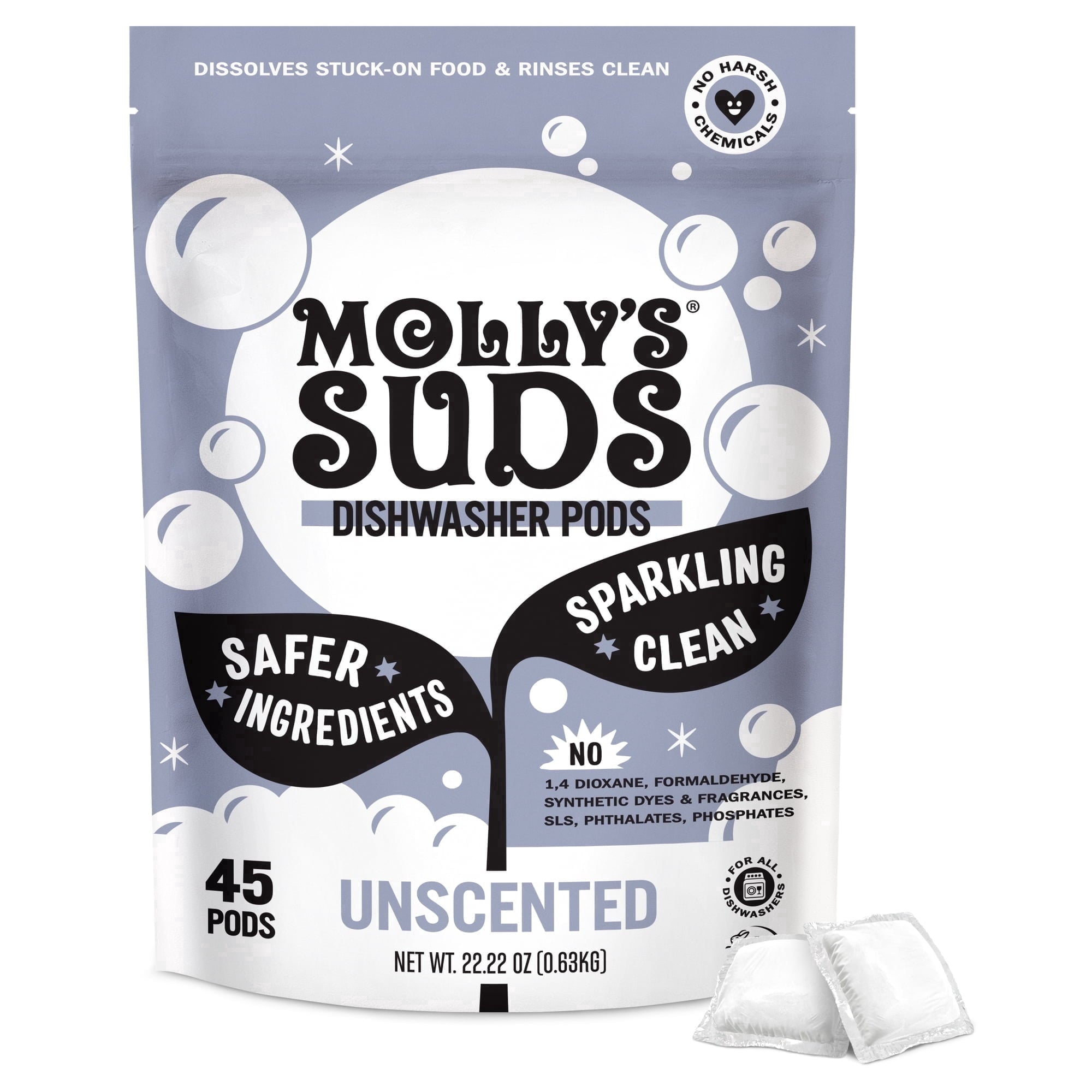 Molly's Suds Dishwasher Pods, Natural Dishwasher Detergent, Cuts Grease &amp; Rinses Clean (Residue-Free) for Sparkling Dishes, 45 Auto-Release Tabs (Unscented)