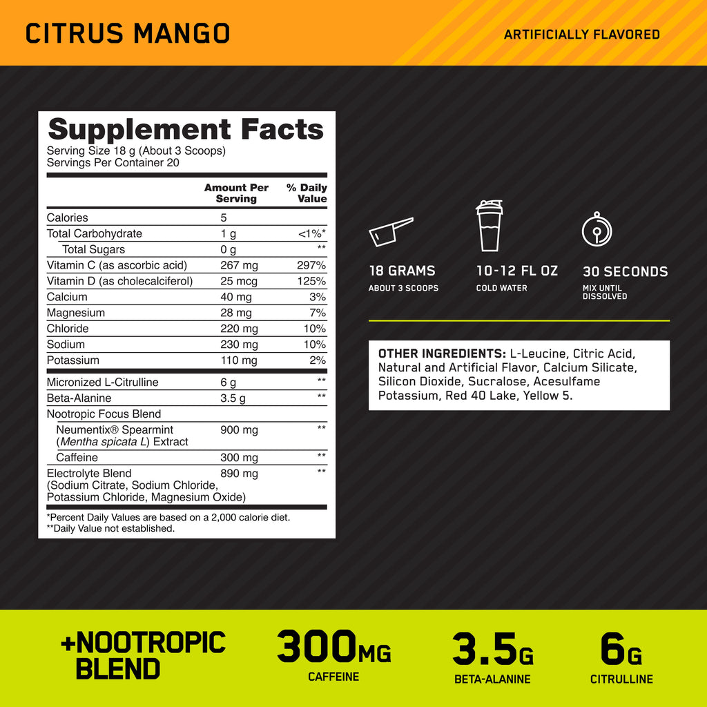 Optimum Nutrition, Pre-Workout Amped Powder, Citrus Mango, High Stim, Sugar-Free, Caffeine, 20 Servings