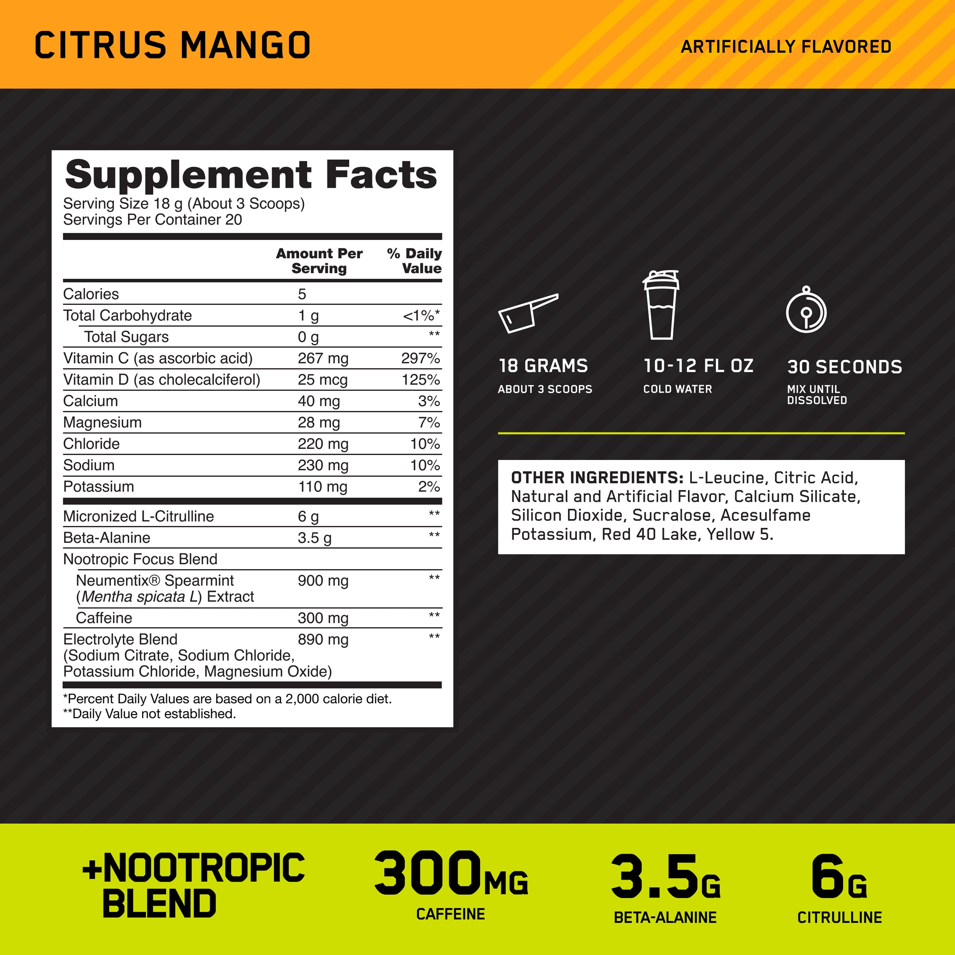 Optimum Nutrition, Pre-Workout Amped Powder, Citrus Mango, High Stim, Sugar-Free, Caffeine, 20 Servings