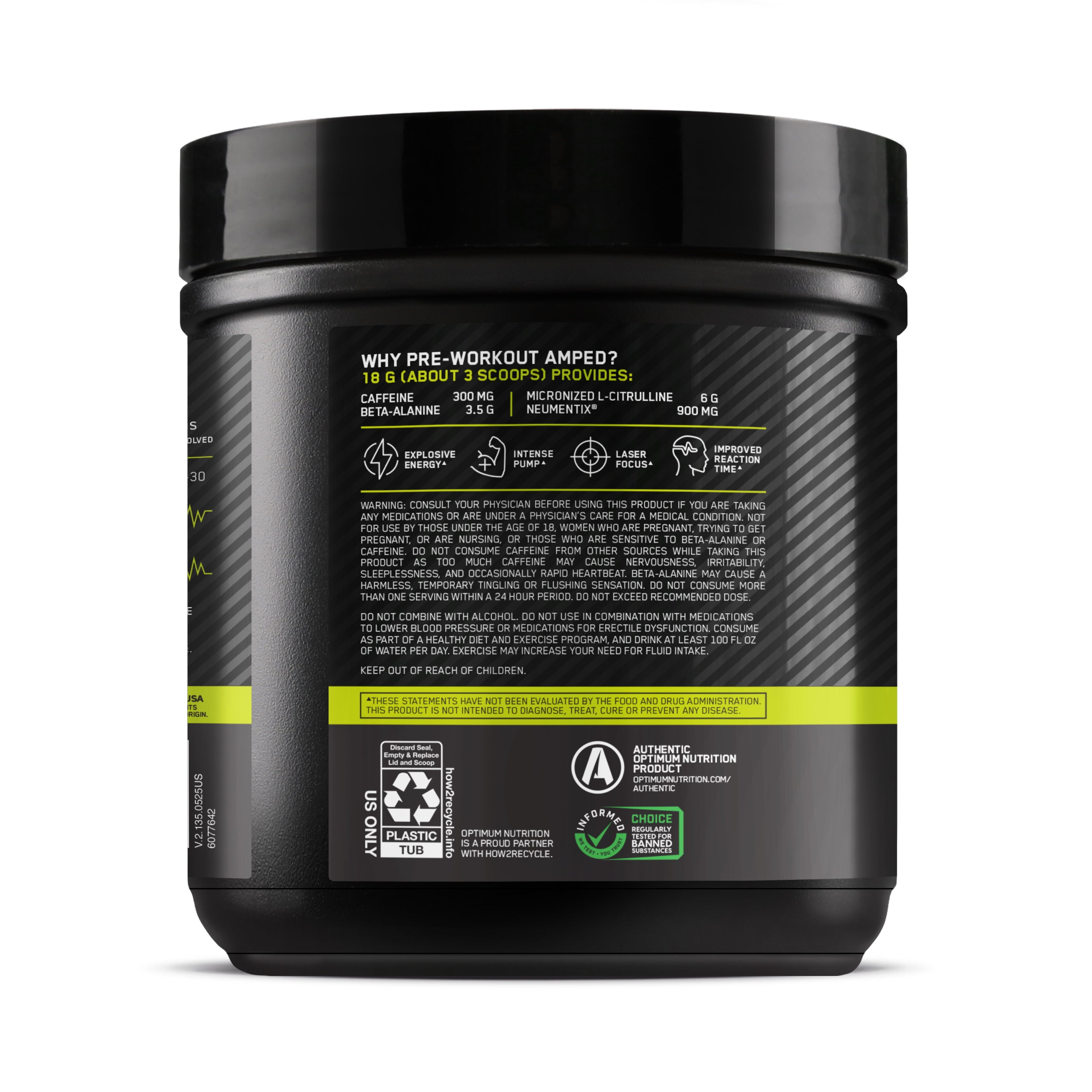Optimum Nutrition, Pre-Workout Amped Powder, Citrus Mango, High Stim, Sugar-Free, Caffeine, 20 Servings