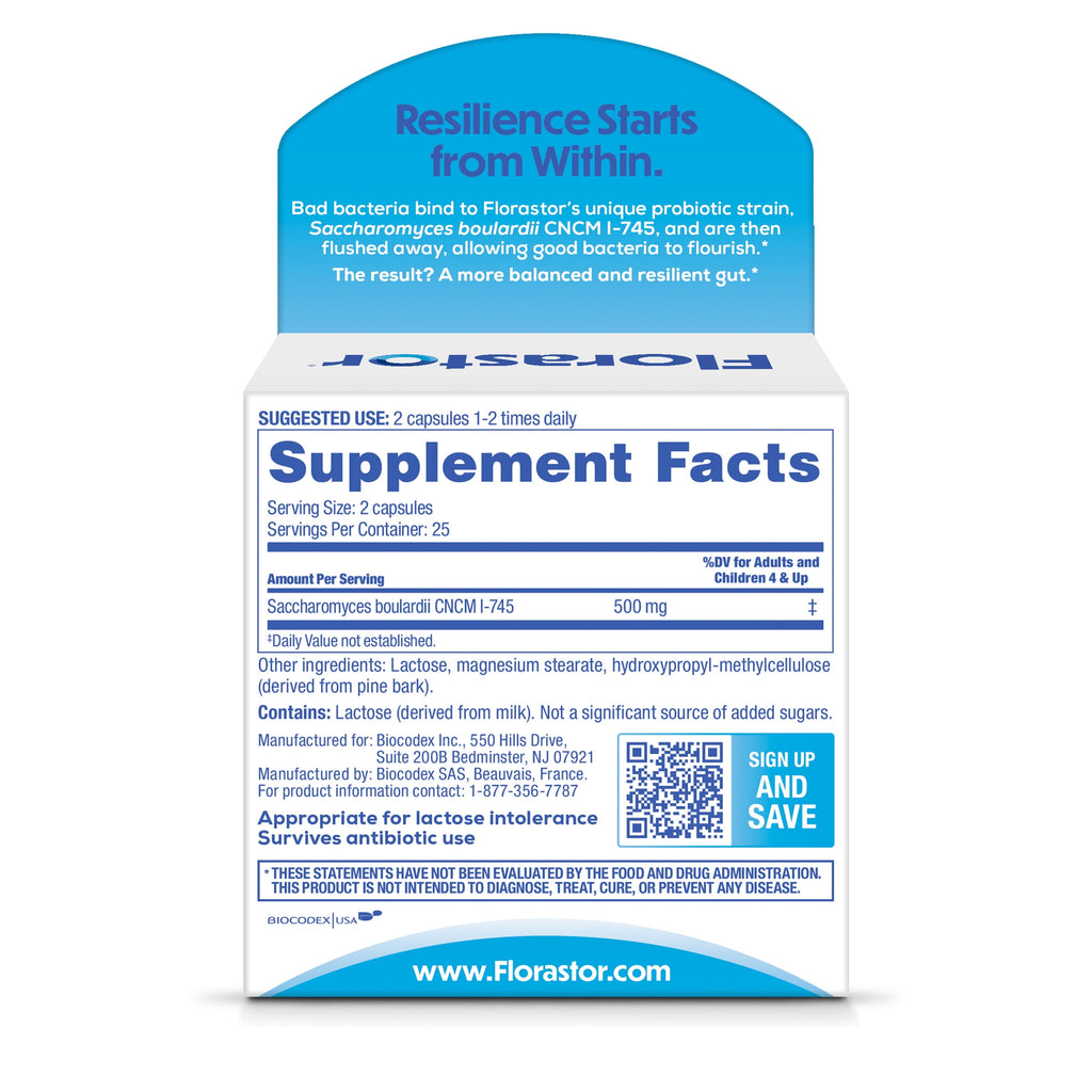 Florastor Unisex Daily Probiotic Supplement Capsules for Digestive Health, 50 Count
