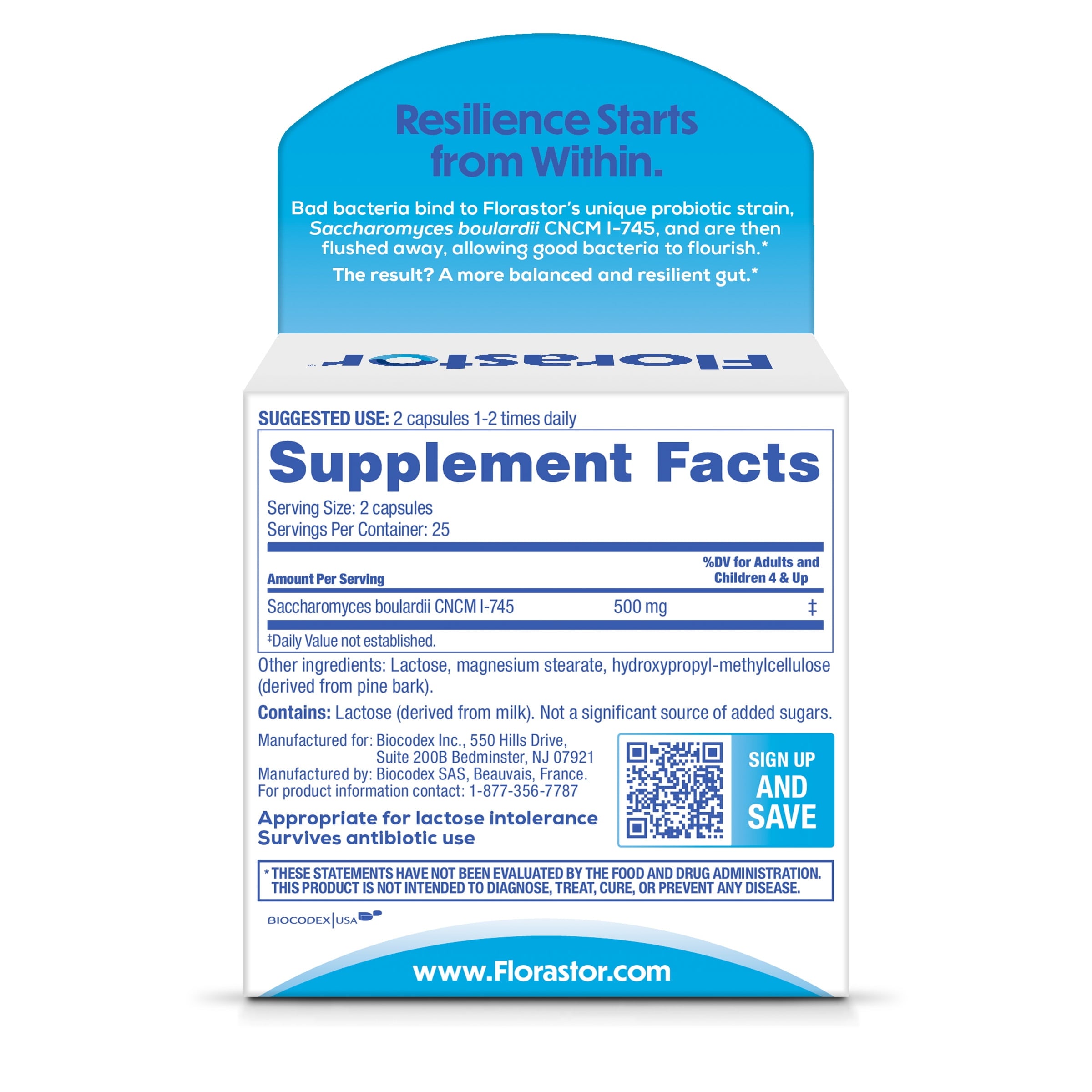 Florastor Unisex Daily Probiotic Supplement Capsules for Digestive Health, 50 Count