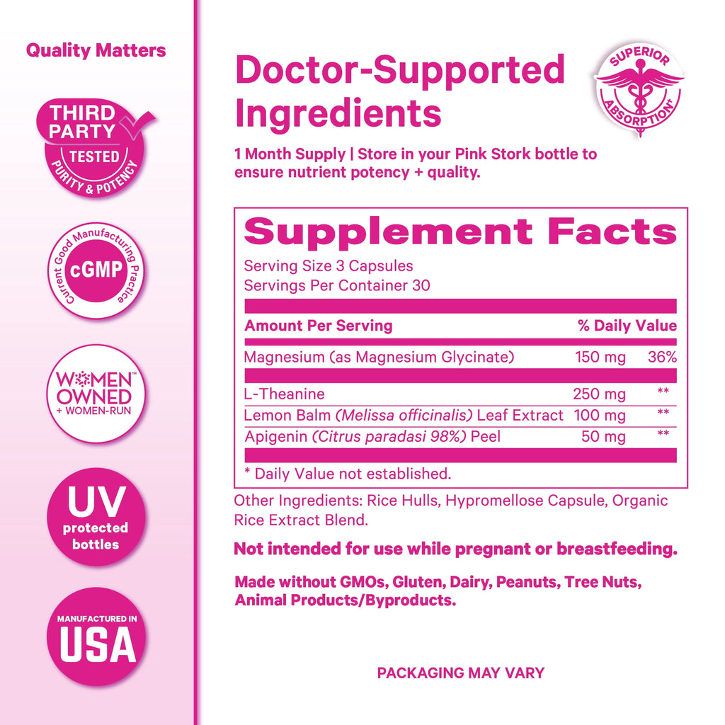 Pink Stork Magnesium Glycinate, L-Theanine, Lemon Balm - 90 Count