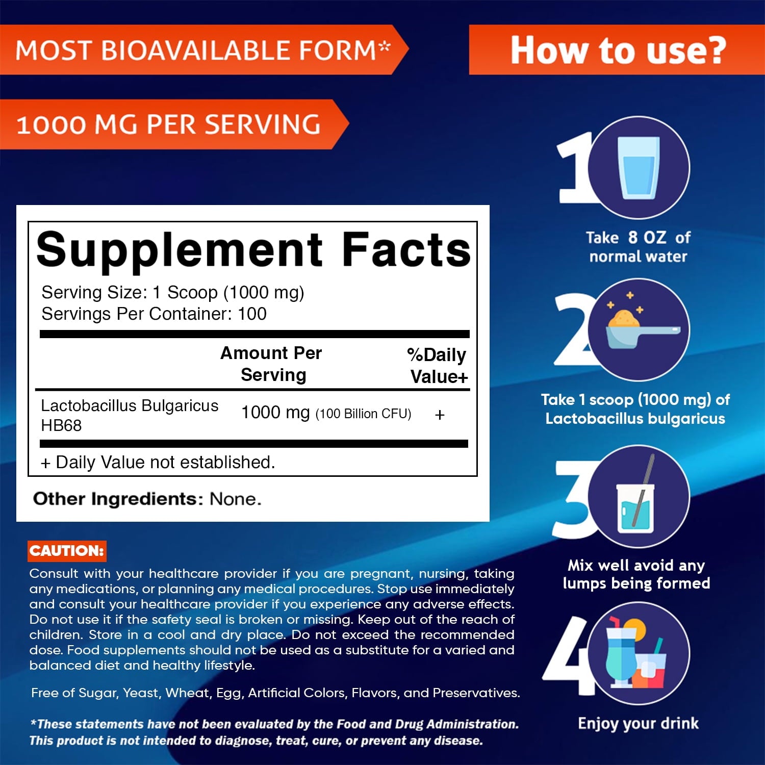 Vitamatic Lactobacillus Bulgaricus Probiotic Powder Digestive Support 100 Servings 100 Gram (3.5 OZ)