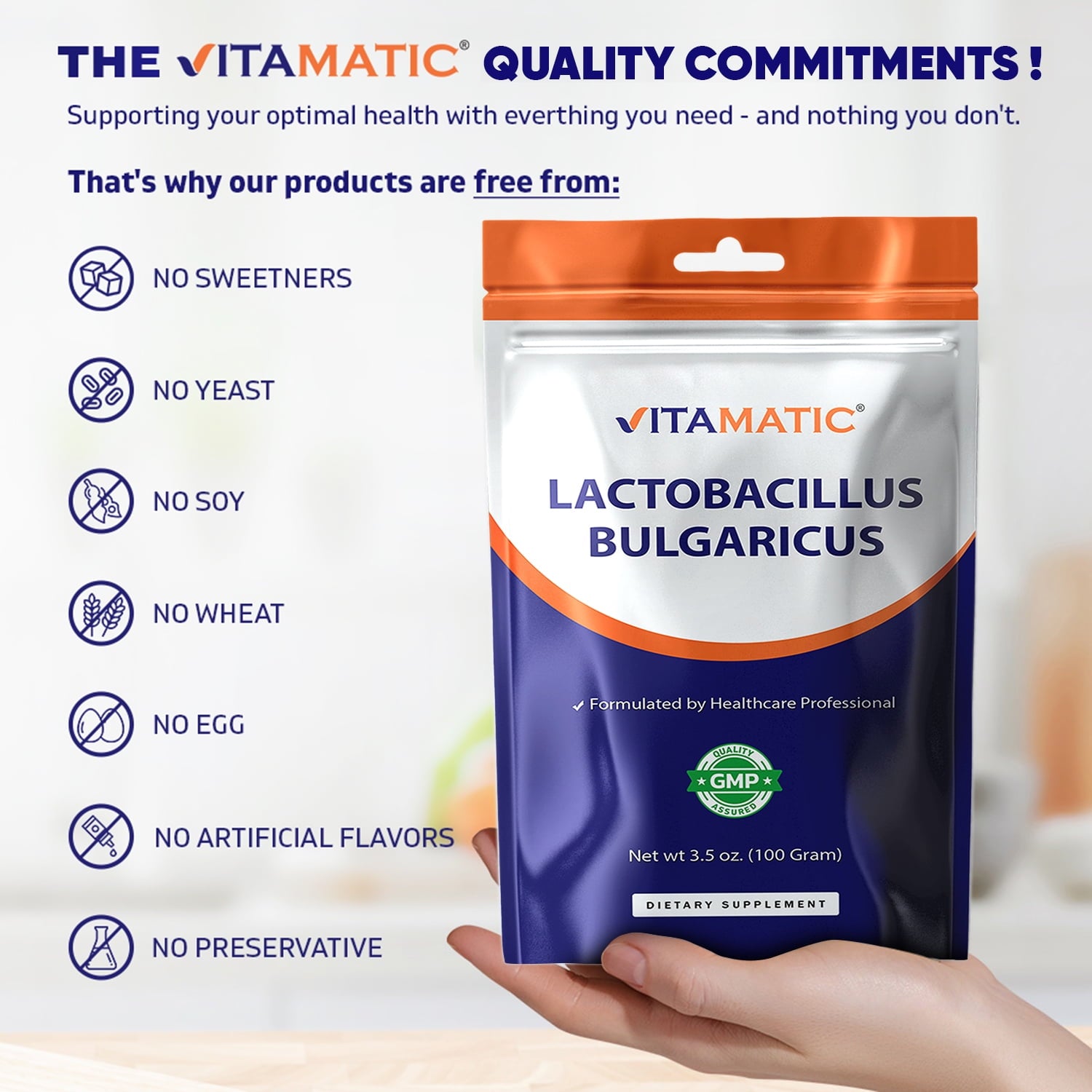 Vitamatic Lactobacillus Bulgaricus Probiotic Powder Digestive Support 100 Servings 100 Gram (3.5 OZ)