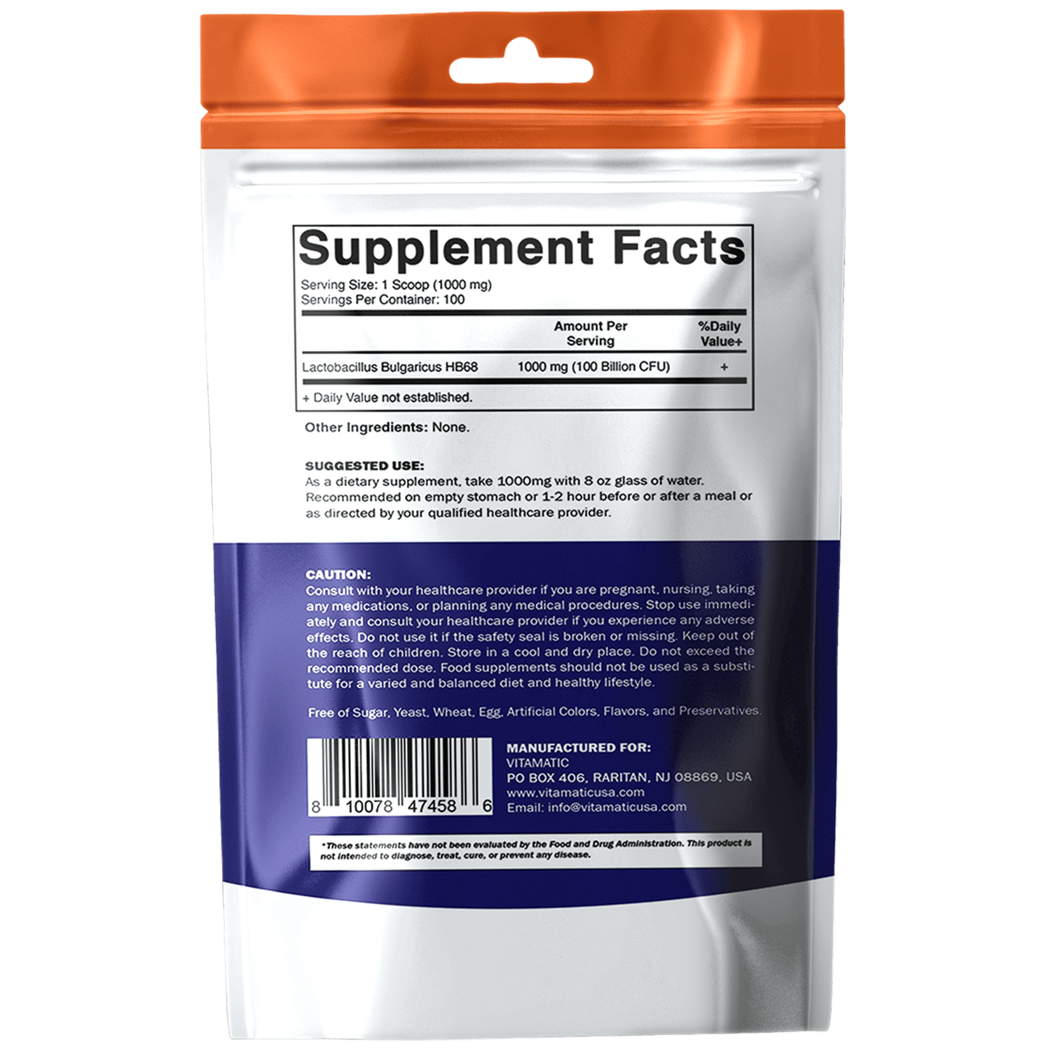 Vitamatic Lactobacillus Bulgaricus Probiotic Powder Digestive Support 100 Servings 100 Gram (3.5 OZ)