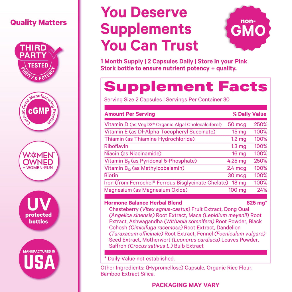 Pink Stork Hormone Balance Multivitamin- Hormone Balance for Women, Vitex + Saffron- 60 Capsules
