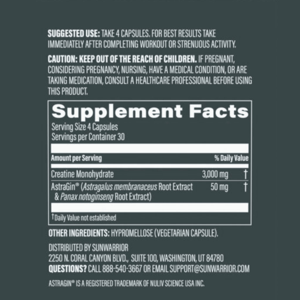 Sunwarrior Active Performance AstraGin &amp; Creatine Monohydrate Capsules, Unflavored, 120 Count