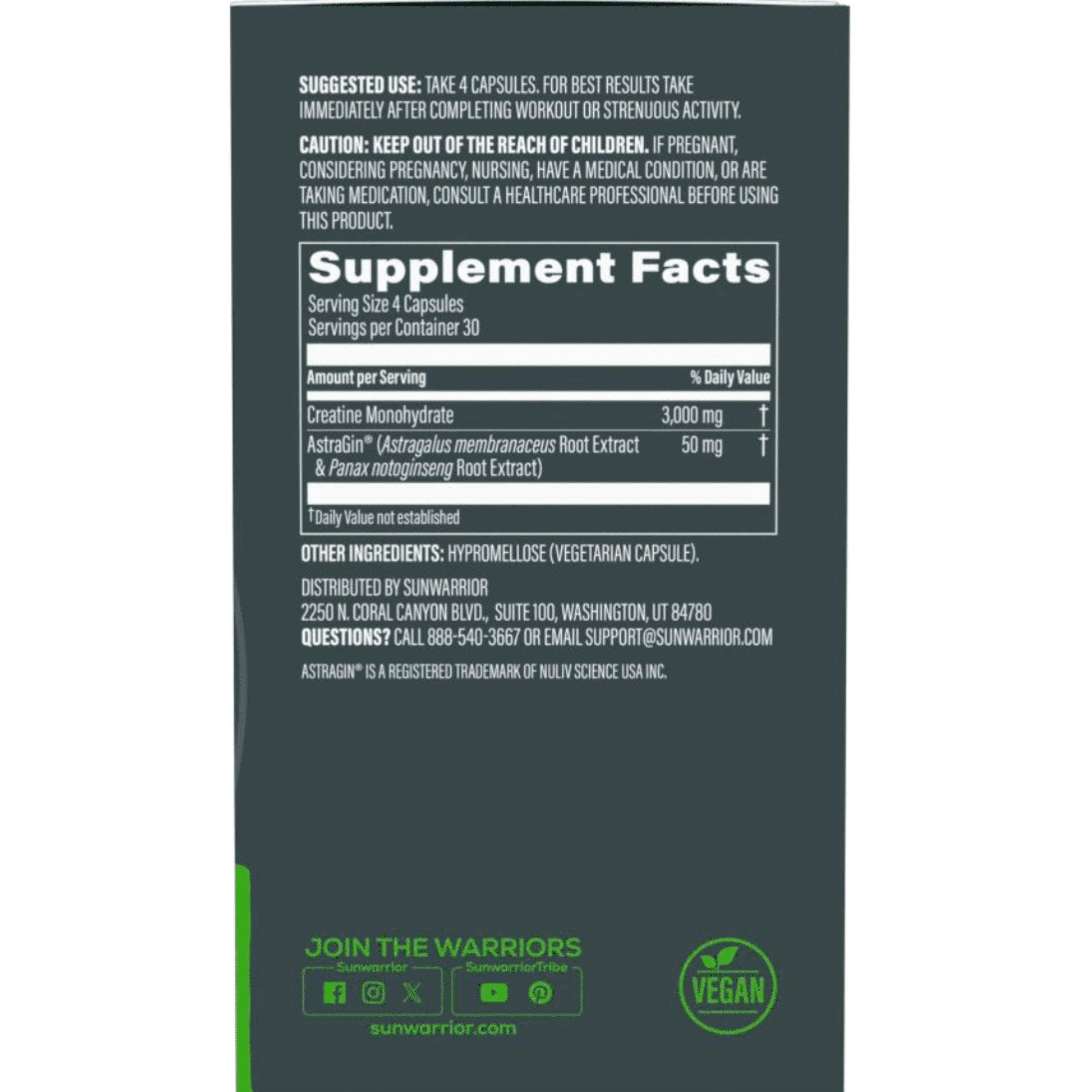 Sunwarrior Active Performance AstraGin &amp; Creatine Monohydrate Capsules, Unflavored, 120 Count
