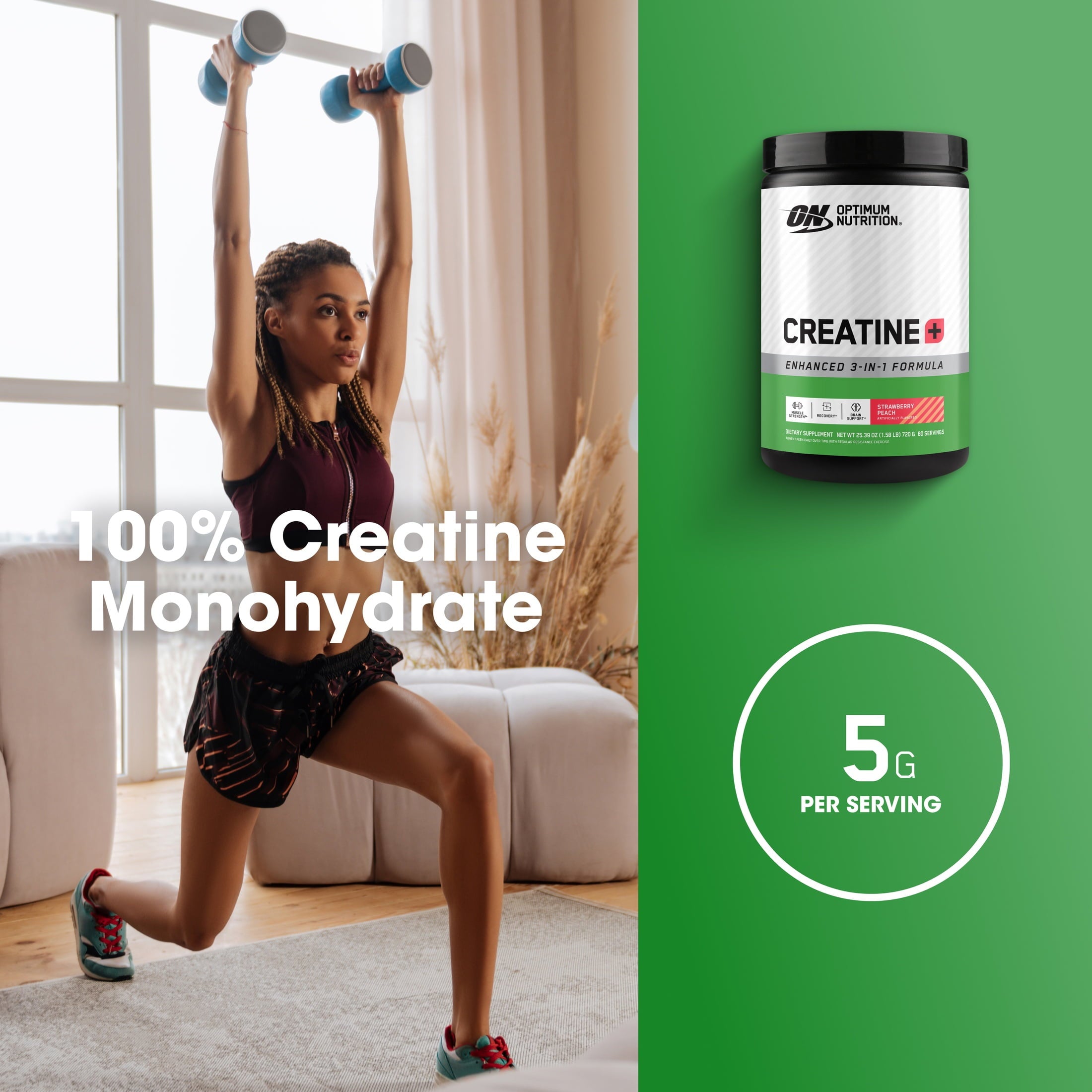 Optimum Nutrition Creatine Monohydrate Plus Powder, Strawberry Peach Flavored Creatine Performance Blend, with Electrolytes for Hydration, Added Vitamins, 80 Servings, 720 Grams (Packaging May Vary)