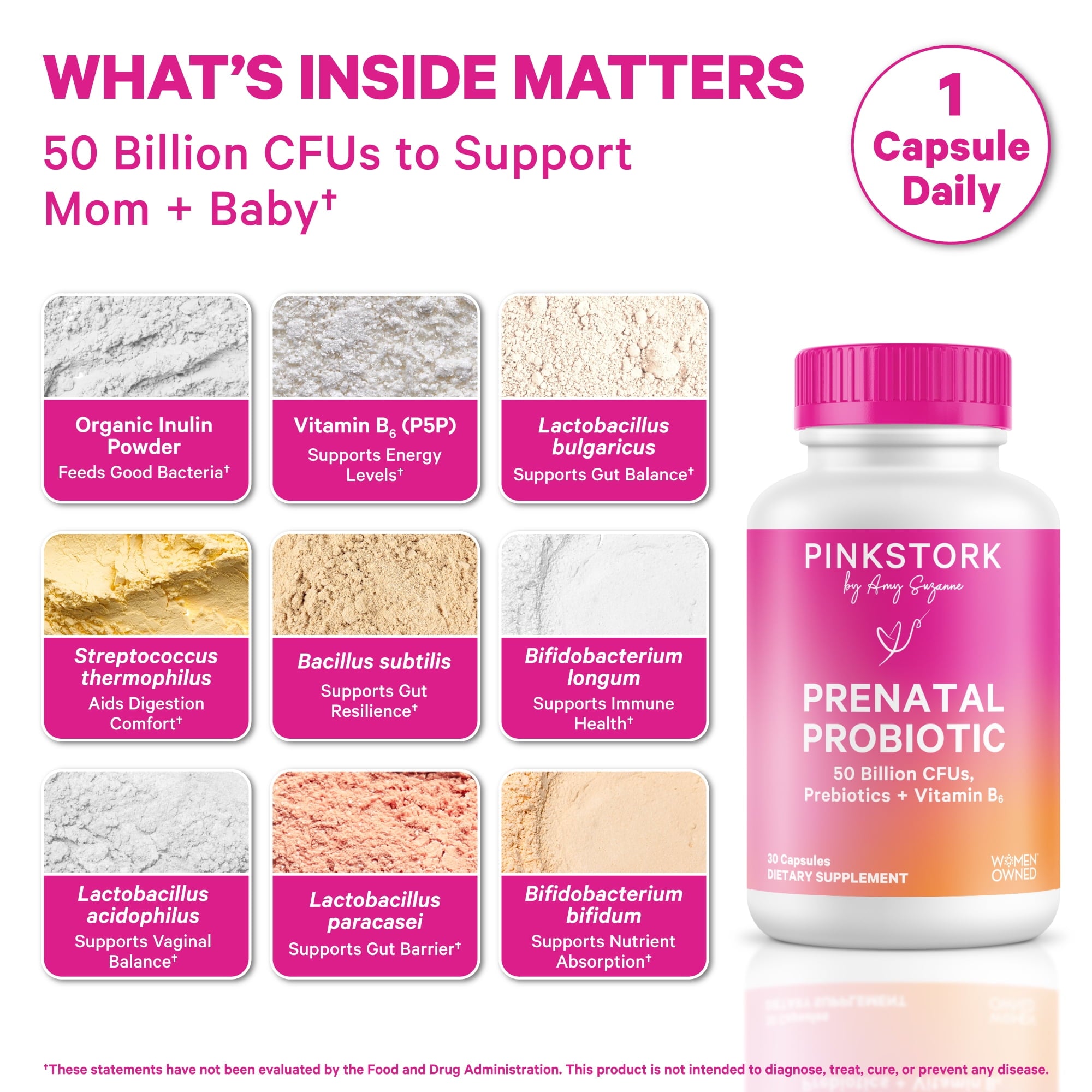 Pink Stork Prenatal Probiotics for Pregnancy, Digestive and Immune Support with Prebiotics &amp; B6, 30 Servings