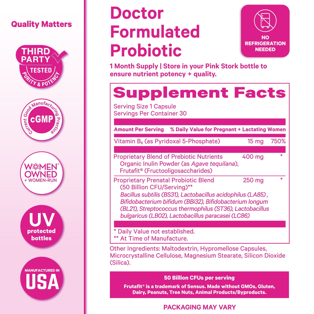 Pink Stork Prenatal Probiotics for Pregnancy, Digestive and Immune Support with Prebiotics &amp; B6, 30 Servings