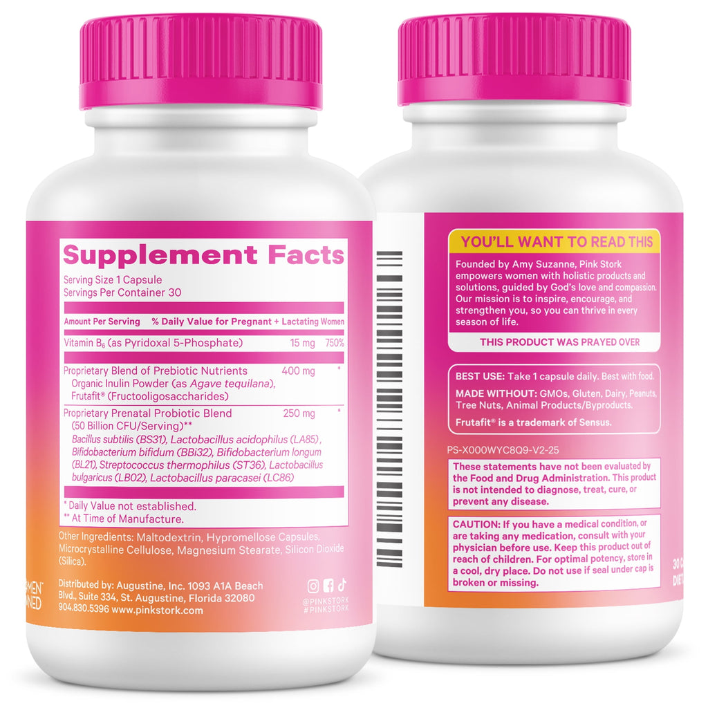 Pink Stork Prenatal Probiotics for Pregnancy, Digestive and Immune Support with Prebiotics &amp; B6, 30 Servings