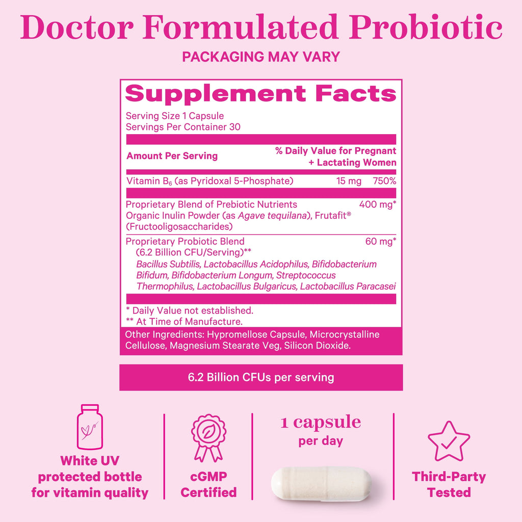 Pink Stork Prenatal Probiotics for Pregnancy, Digestive and Immune Support with Prebiotics &amp; B6, 30 Servings