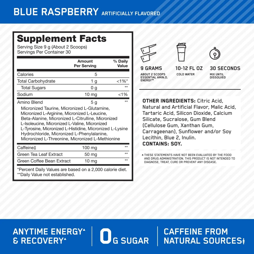 Optimum Nutrition, Essential Amino Energy, Powder, Blue Raspberry, 30 Servings