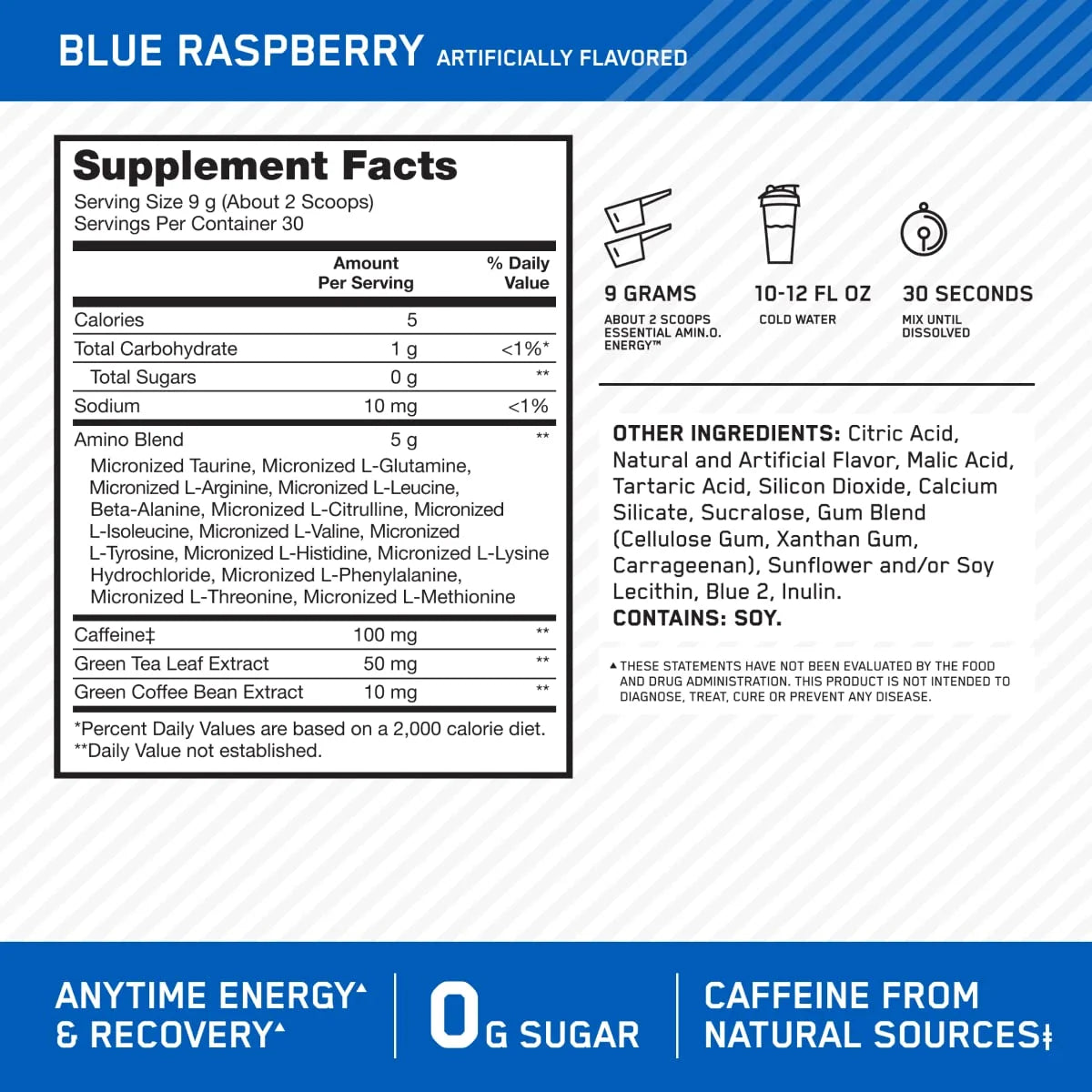 Optimum Nutrition, Essential Amino Energy, Powder, Blue Raspberry, 30 Servings