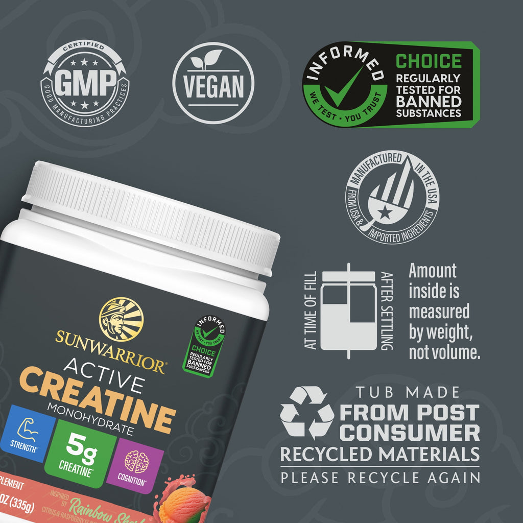 Sunwarrior Active Creatine Monohydrate Powder, Vegan Muscle Support Supplement, Rainbow Sherbet, 11.8 oz