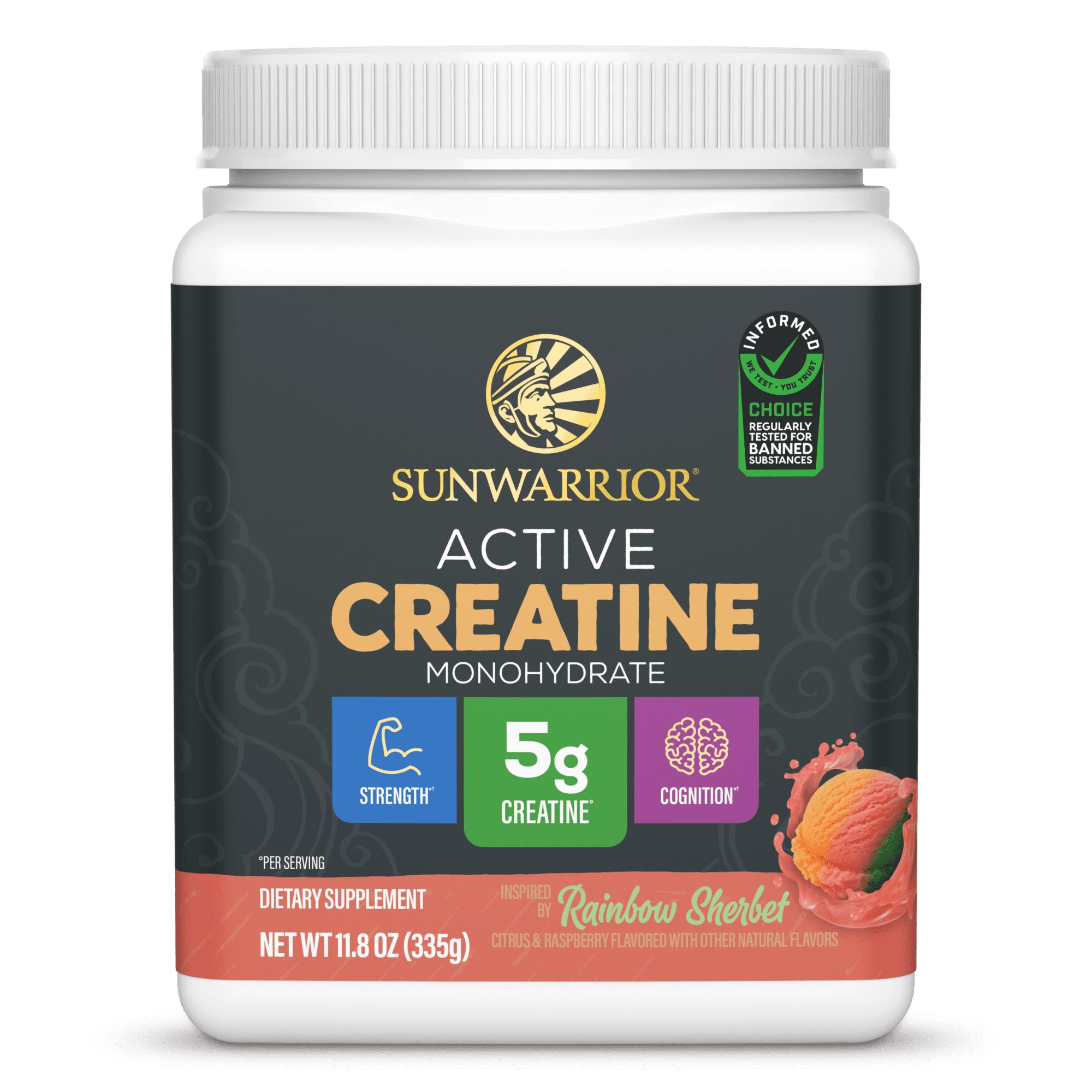 Sunwarrior Active Creatine Monohydrate Powder, Vegan Muscle Support Supplement, Rainbow Sherbet, 11.8 oz