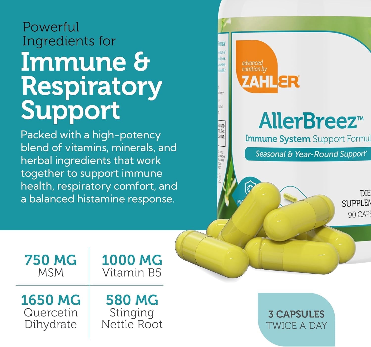 Zahler AllergBreeze Immune Support Capsules, Immunity Vitamins &amp; Immune Booster, Advanced Seasonal &amp; Year-Round Immune Formula, 180 Count